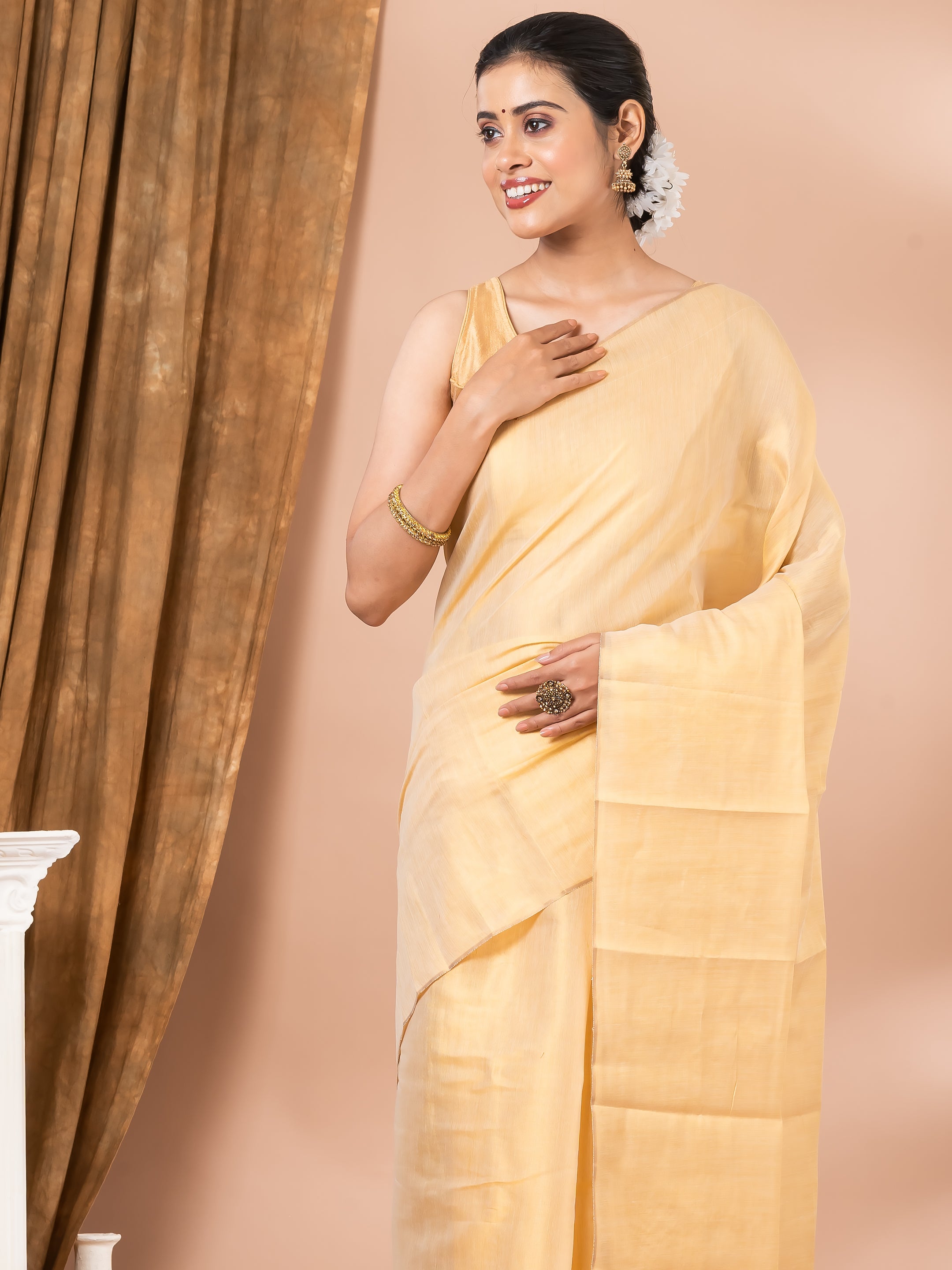 Golden Solid/Plain Daily Wear Mahalasa Pure Silk Saree