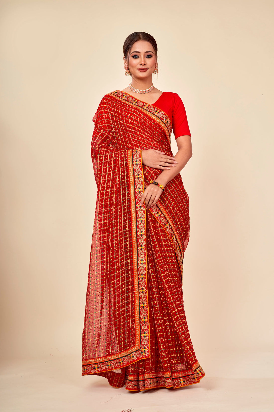 Red Casual Chiffon Cheecks Saree