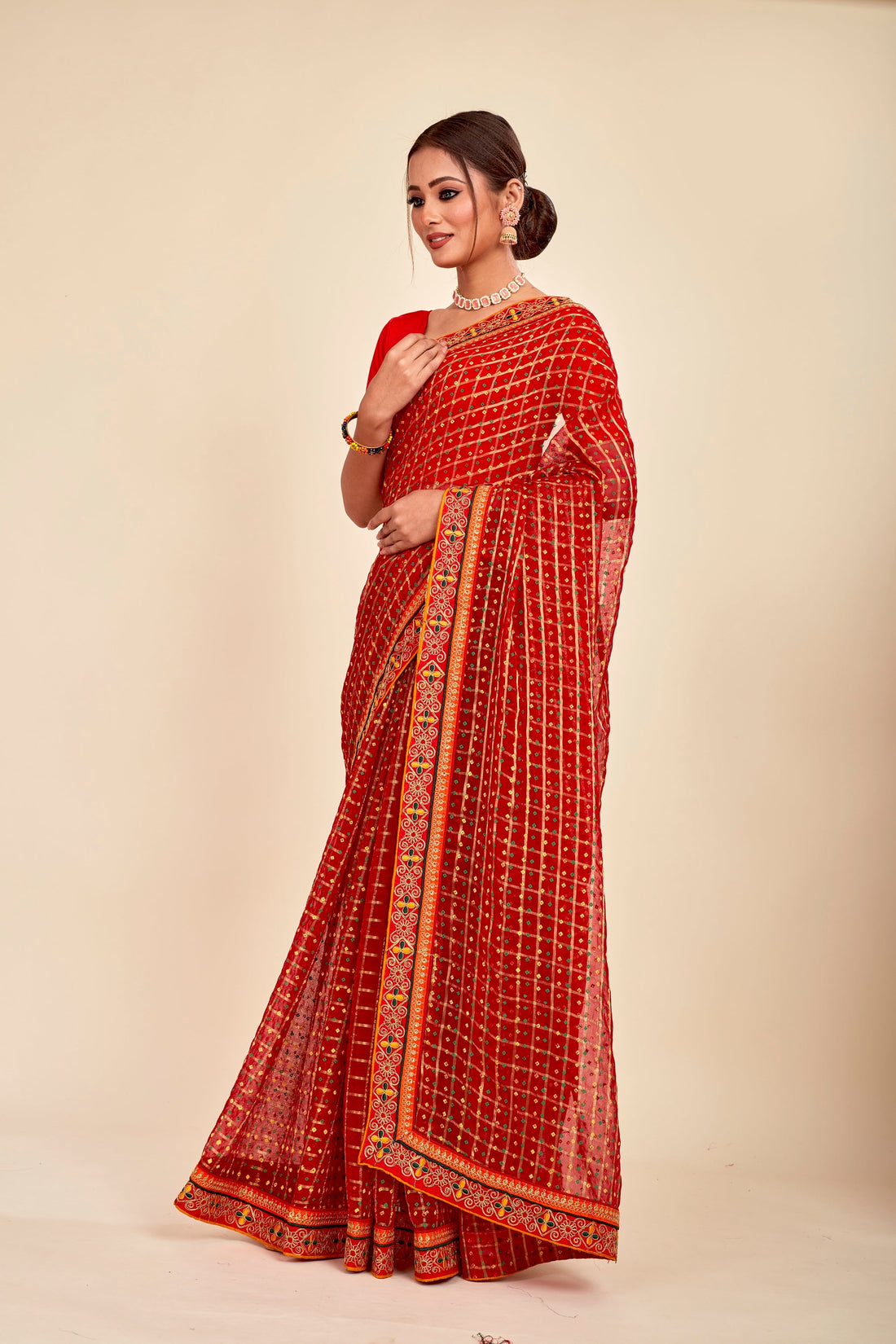 Red Casual Chiffon Cheecks Saree