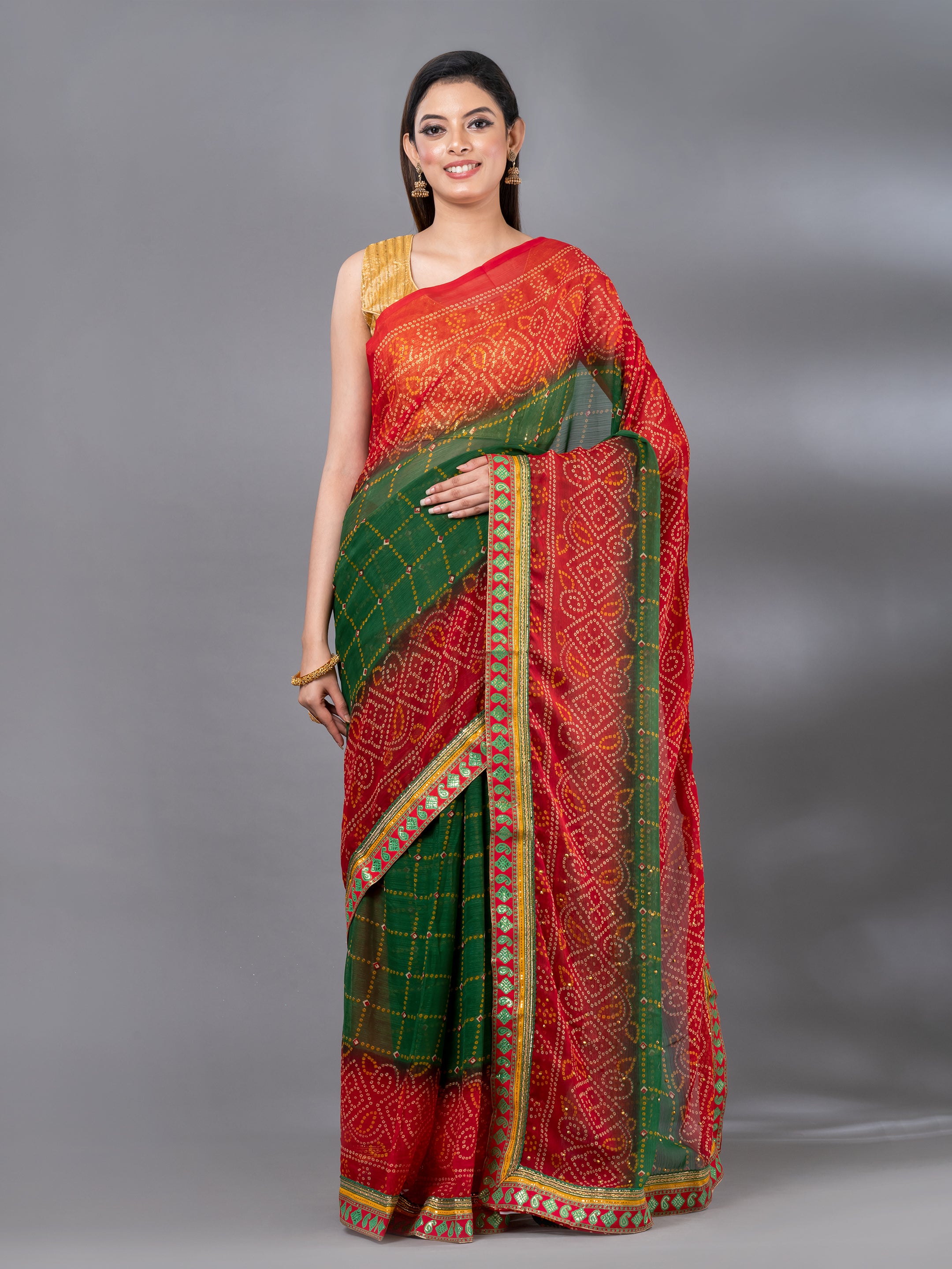 Green Casual Georegette Bandhani Pattern Mahalasa Saree – House Of Mahalasa