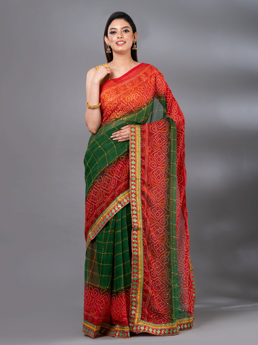 Green Casual Georegette Bandhani Pattern Mahalasa Saree