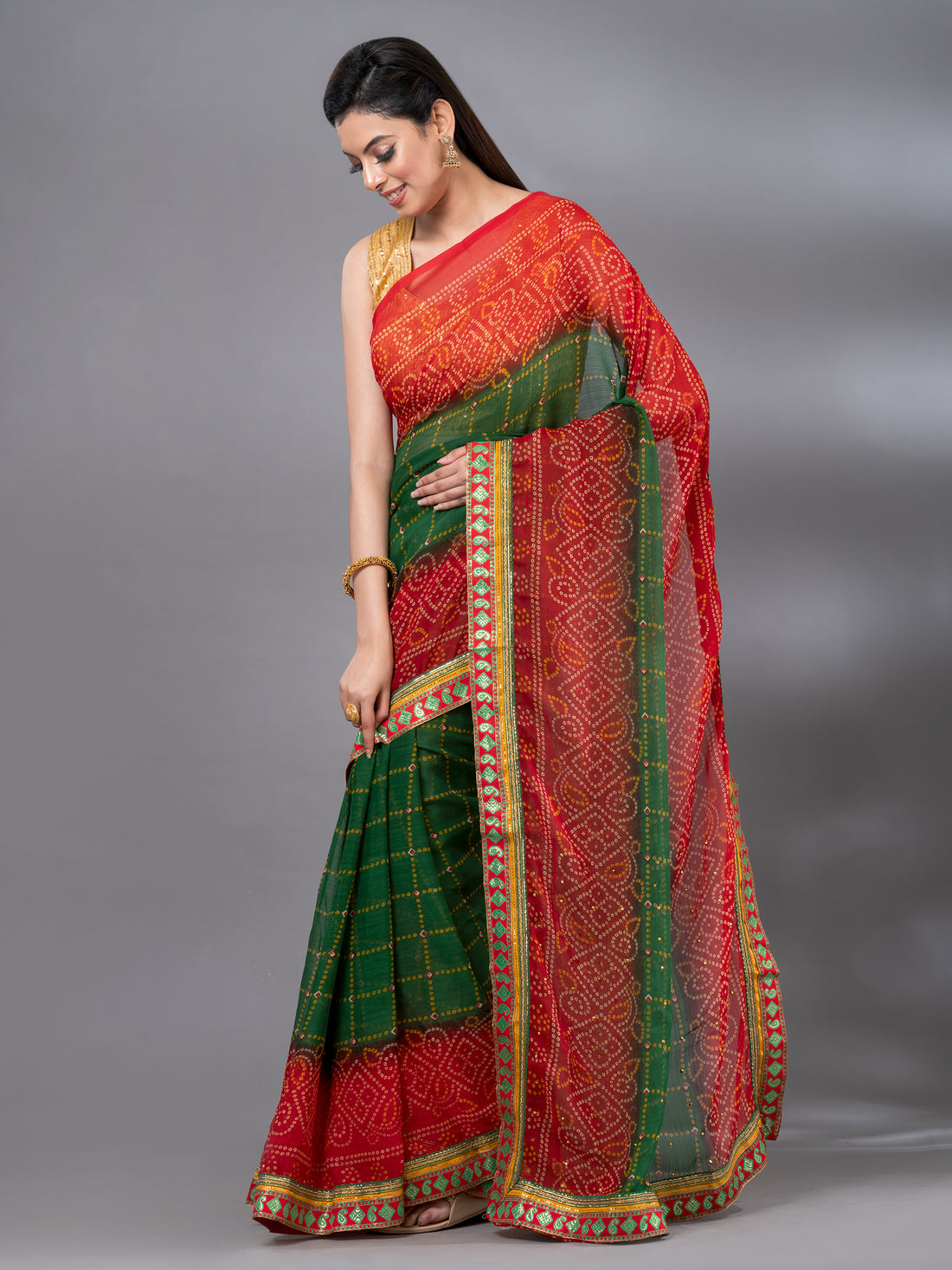 Green Casual Georegette Bandhani Pattern Mahalasa Saree