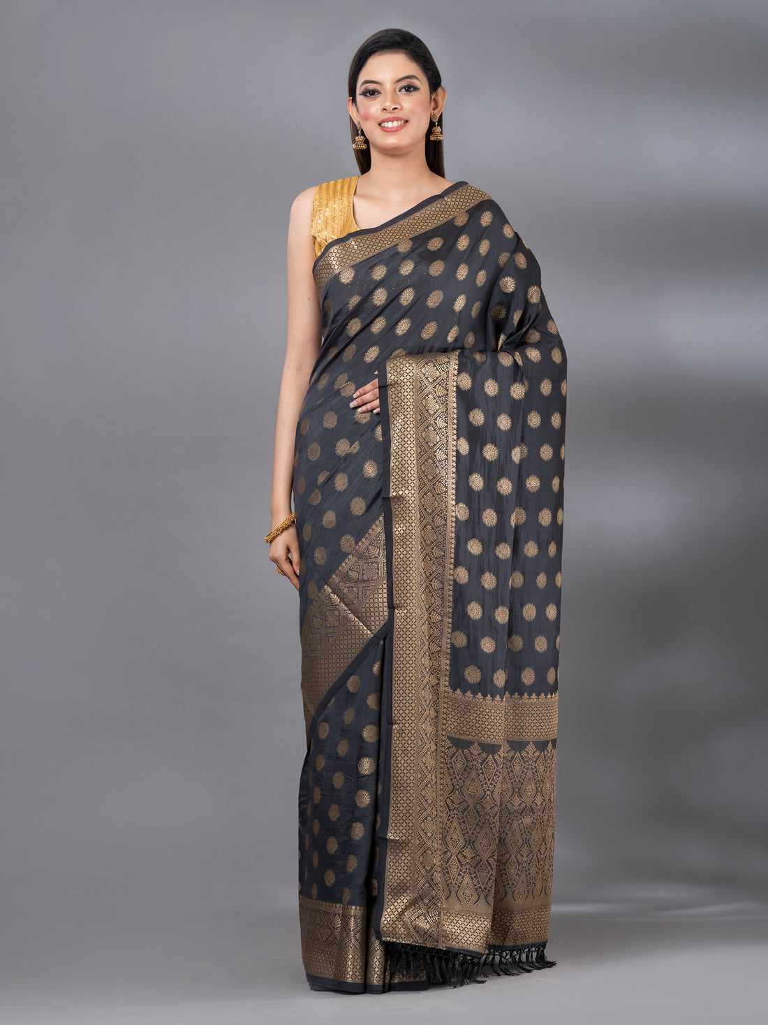 Charcoal Black art silk Mahalasa Saree with rich pallu