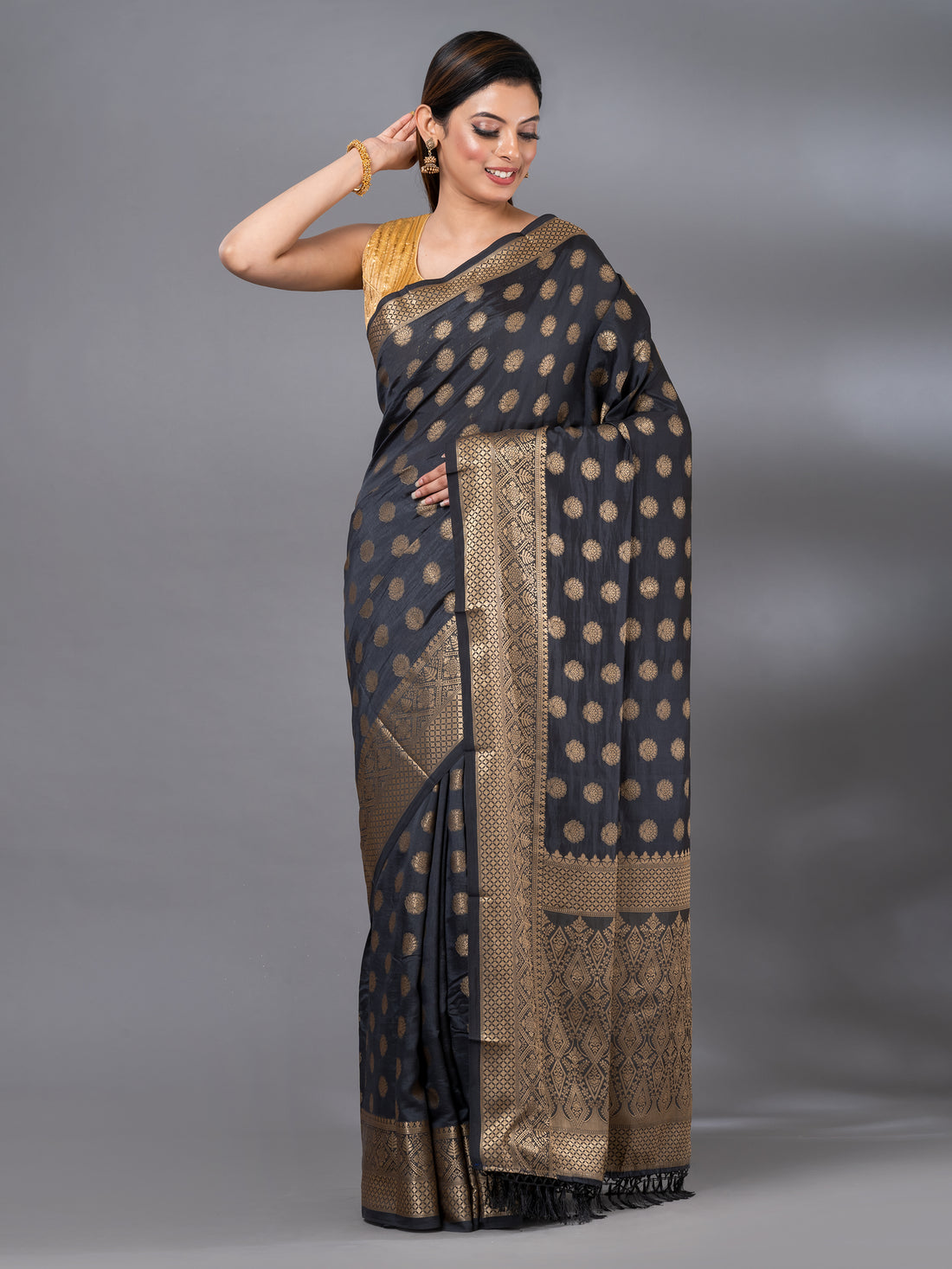 Charcoal Black art silk Mahalasa Saree with rich pallu