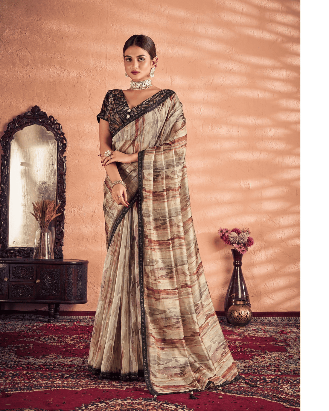 Dusty tiger digital print Mahalasa saree with designer ready blouse