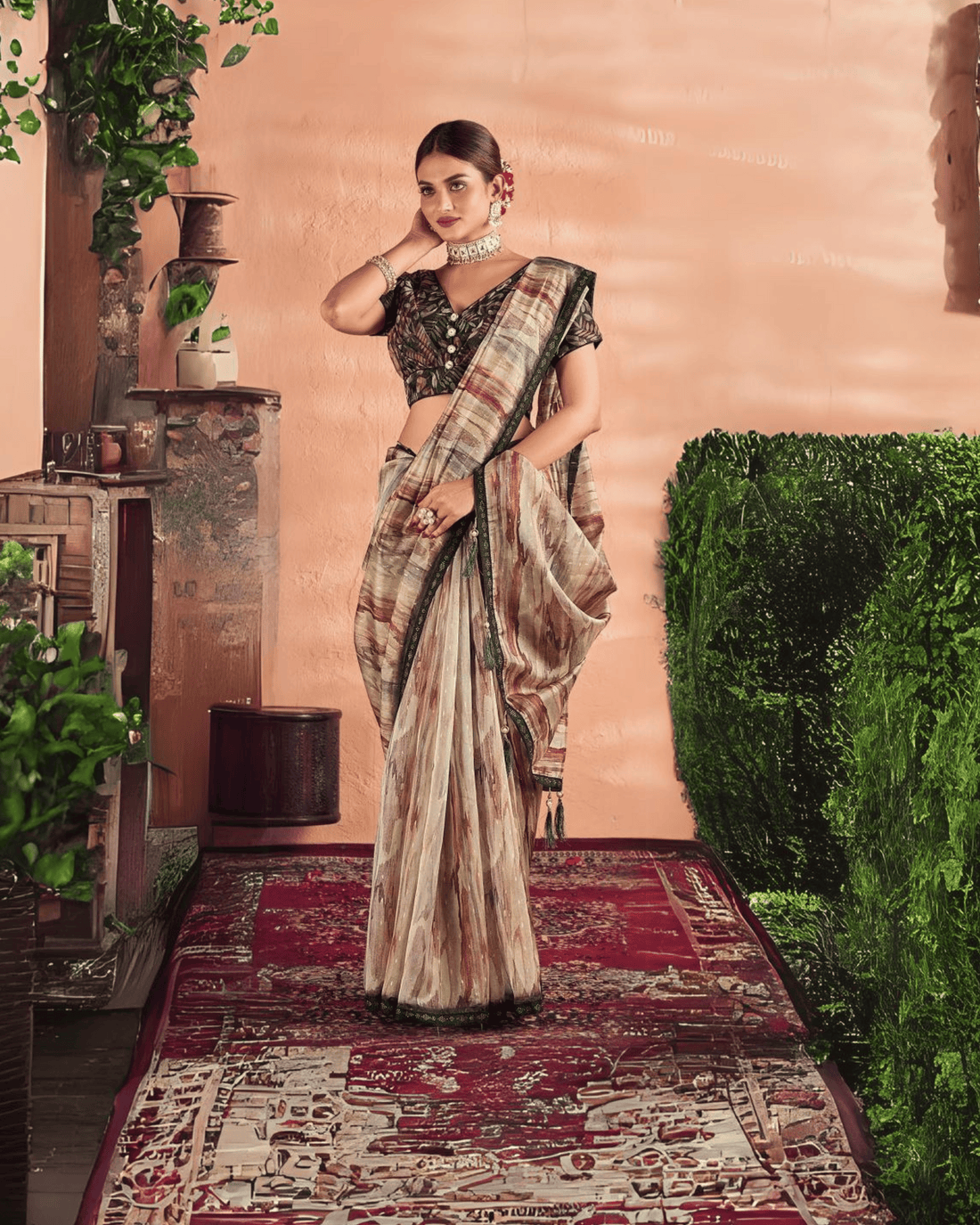 Dusty tiger digital print Mahalasa saree with designer ready blouse