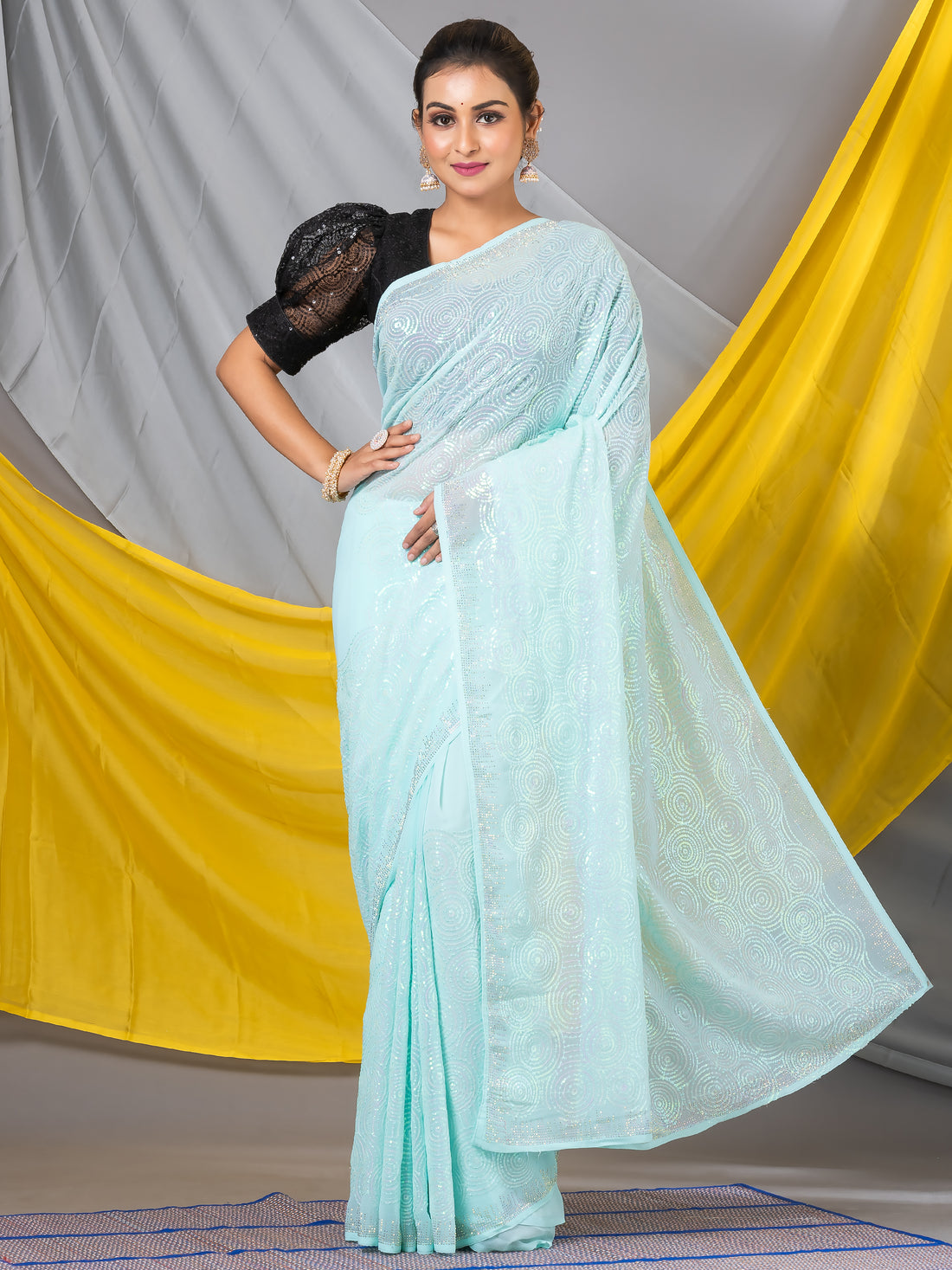 Sea Green Sequins Georgette Designer Saree