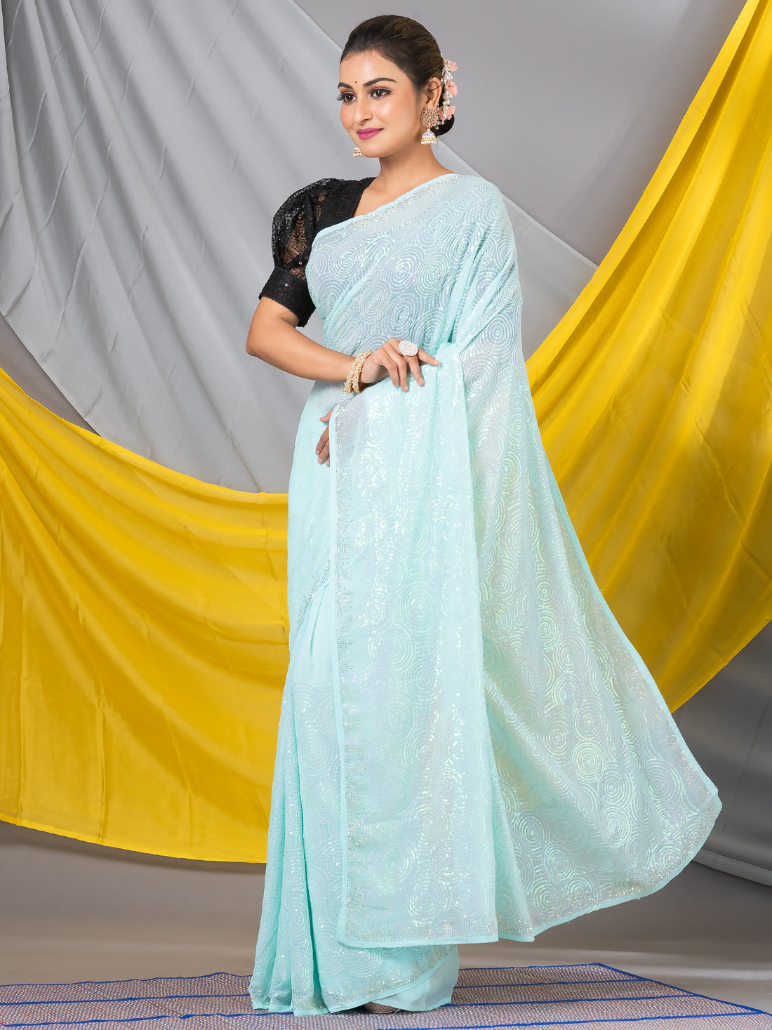 Sea Green Sequins Georgette Designer Saree