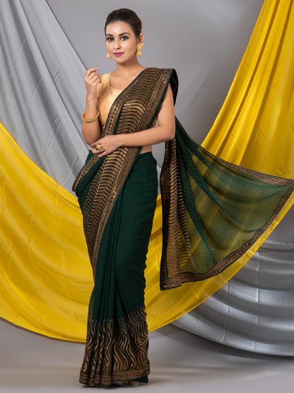 Bottle Green Chiffon Zari Embroidrey Designer Mahalasa Saree