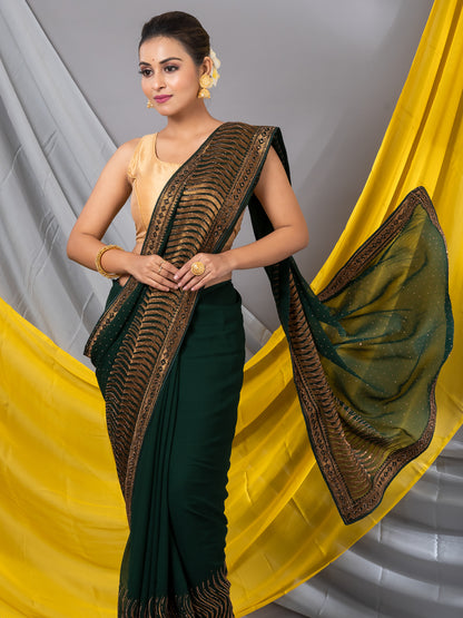 Bottle Green Chiffon Zari Embroidrey Designer Mahalasa Saree