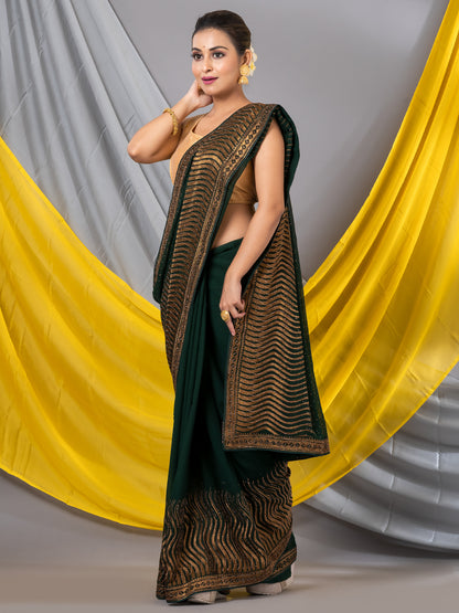 Bottle Green Chiffon Zari Embroidrey Designer Mahalasa Saree