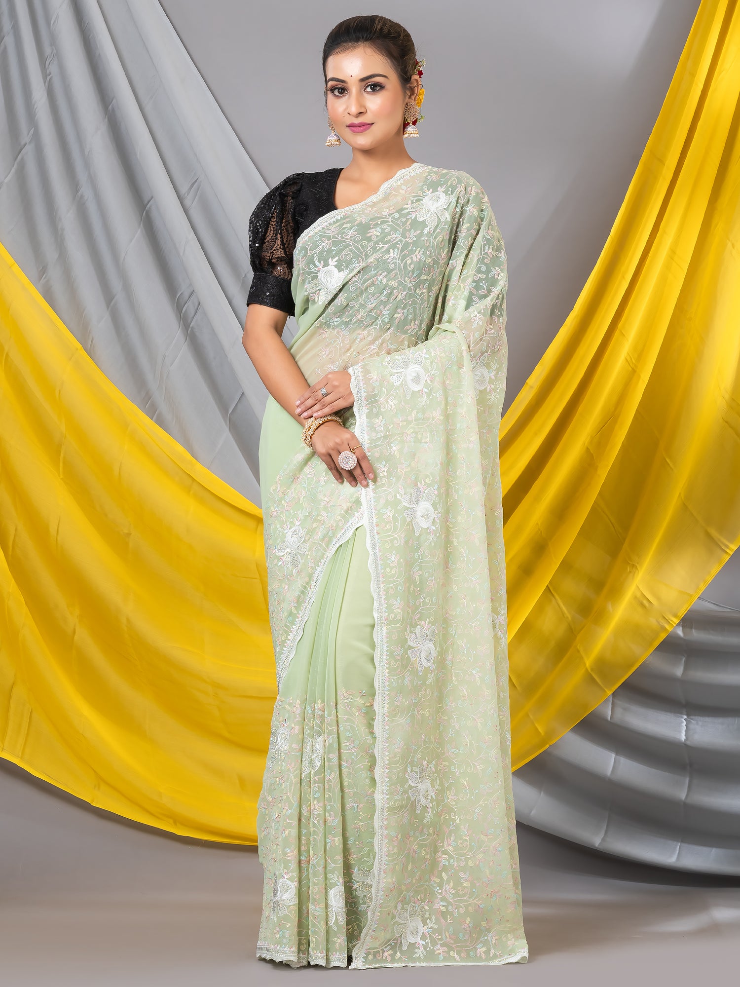 Light Pista Chiffon Sequence Floral Designer Mahalasa Saree