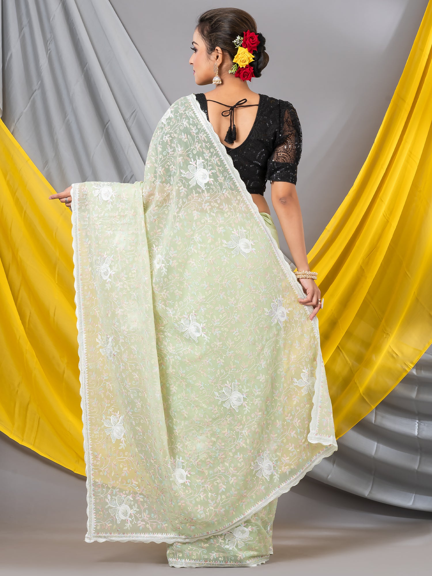 Light Pista Chiffon Sequence Floral Designer Mahalasa Saree