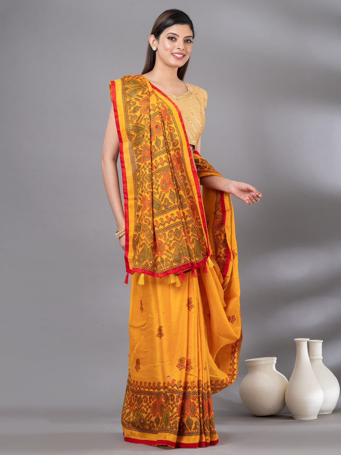 Yellow Jute Cotton Fabric Floral Pattern Saree