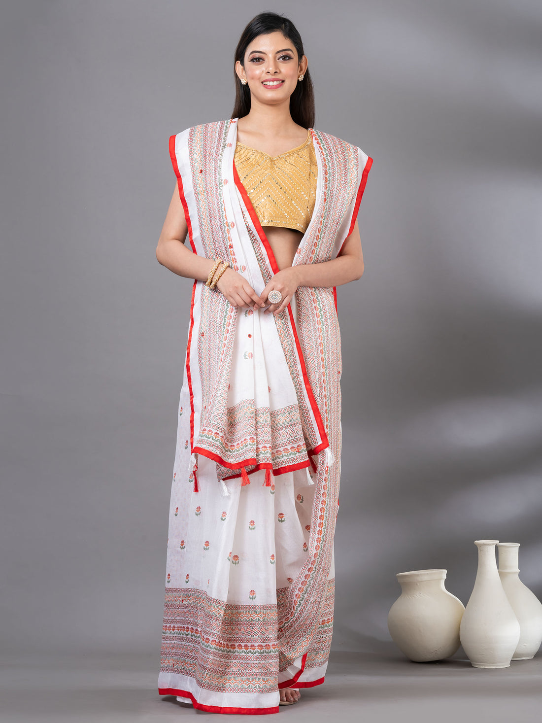 White Jute cotton Bomkai Woven Design Saree