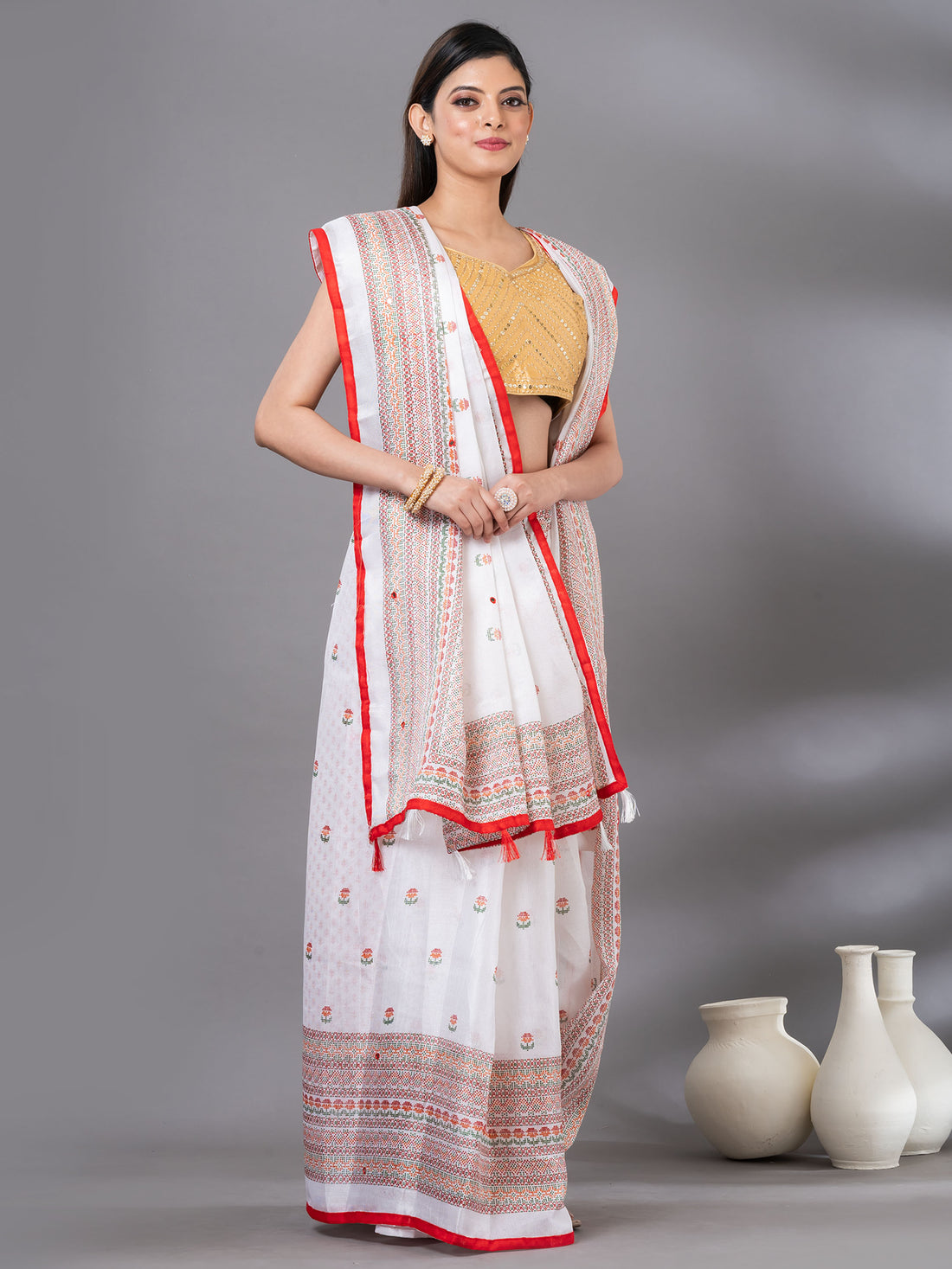 White Jute cotton Bomkai Woven Design Saree