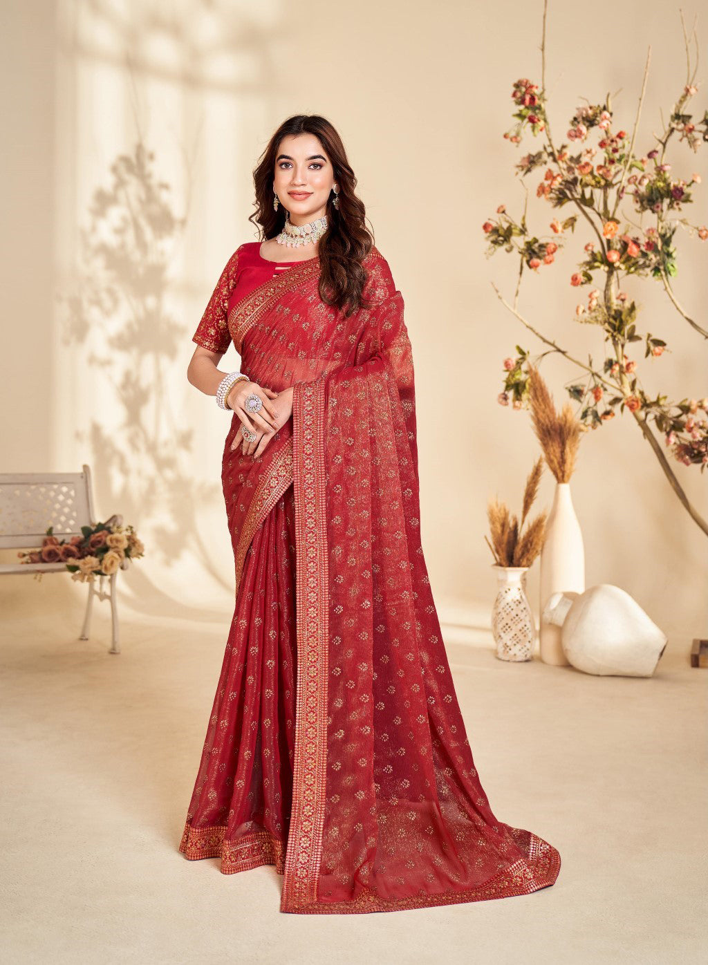 Red Soft Organza Party Wear Solid Saree