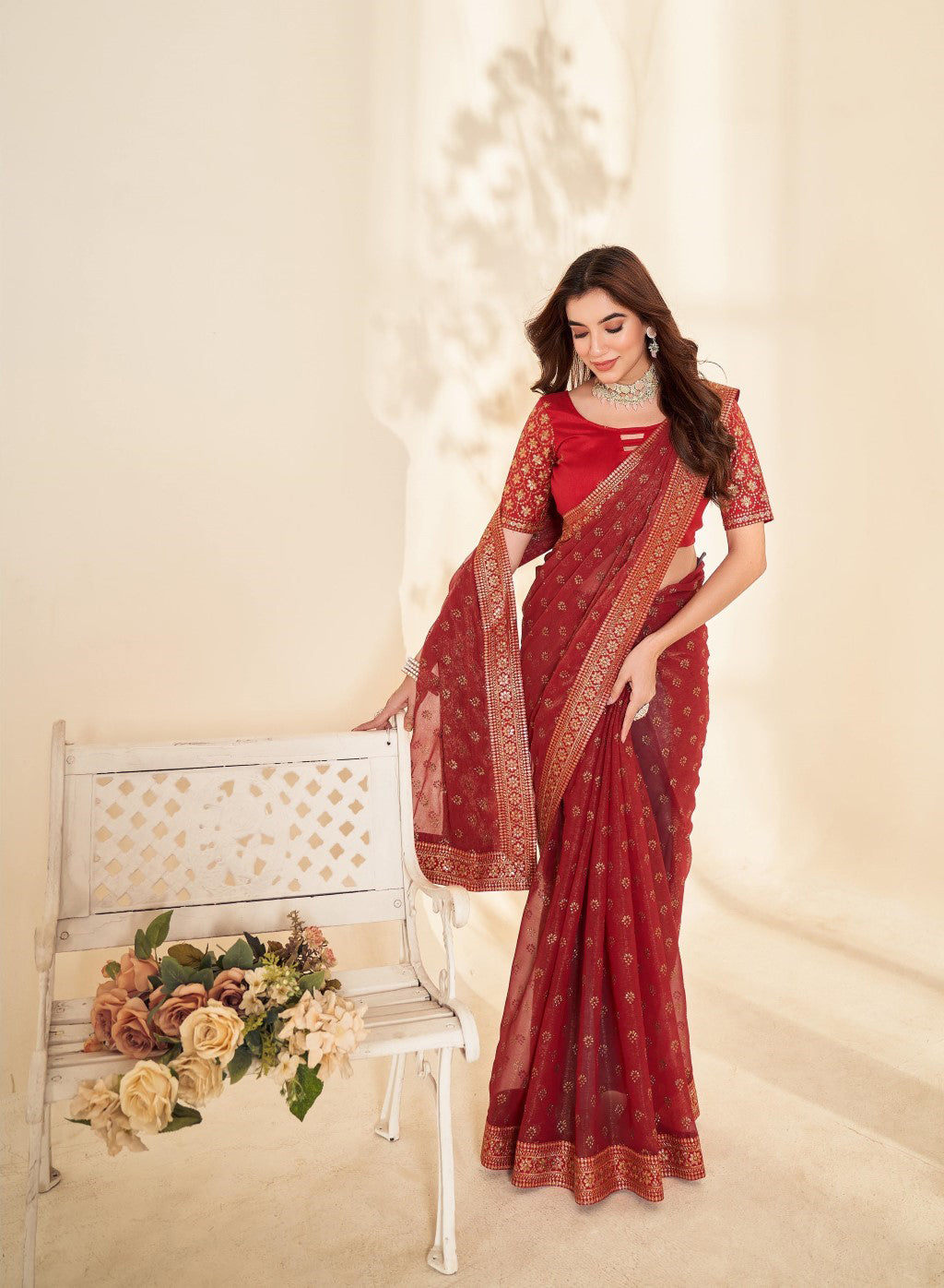 Red Soft Organza Party Wear Solid Saree