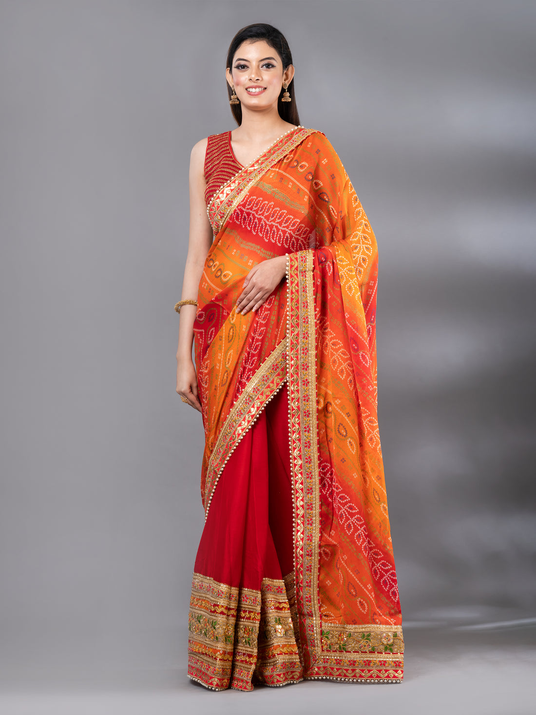 Red &amp; Orange Moss Chiffon Bandhani Print Saree