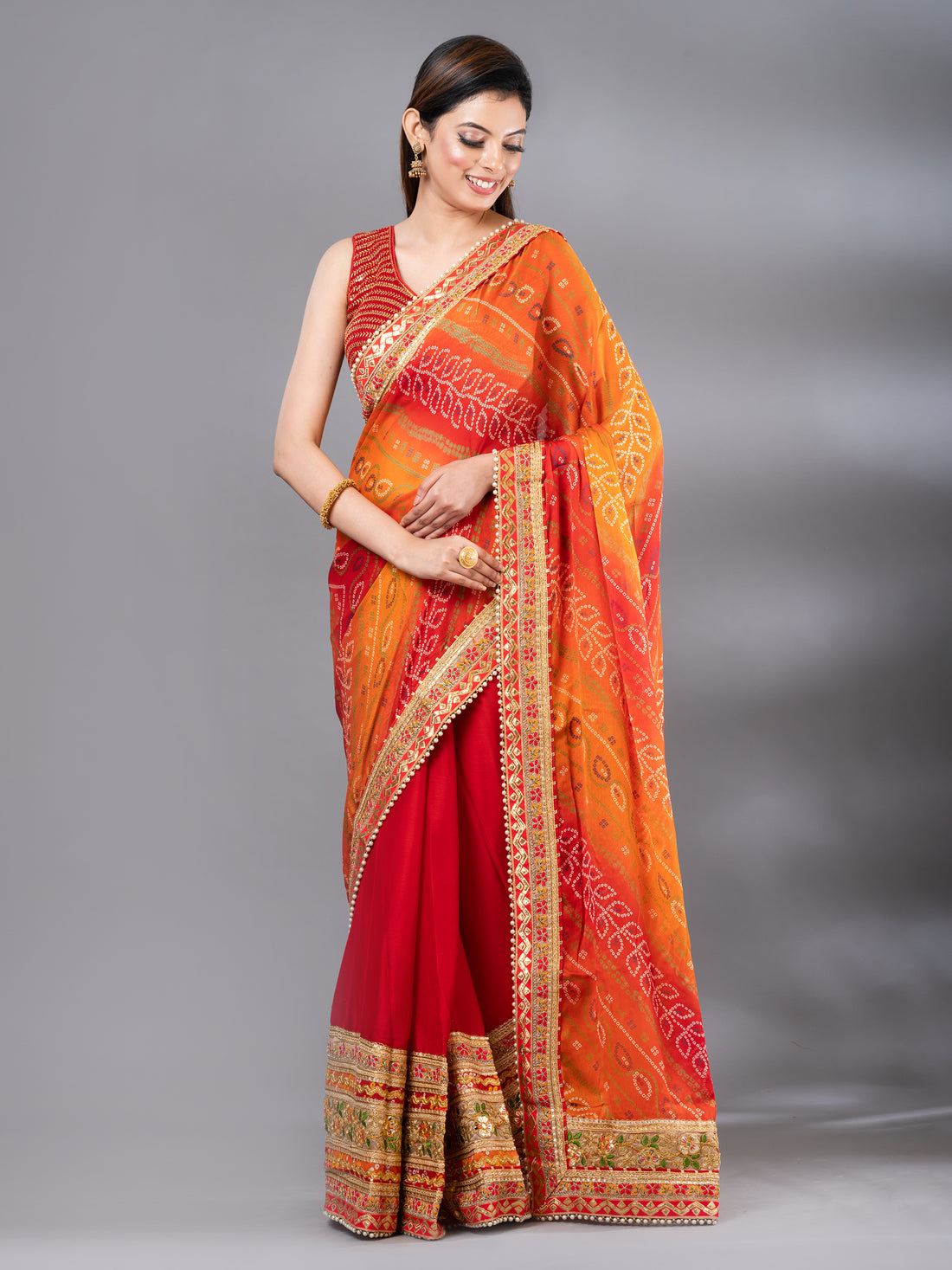 Red &amp; Orange Moss Chiffon Bandhani Print Saree