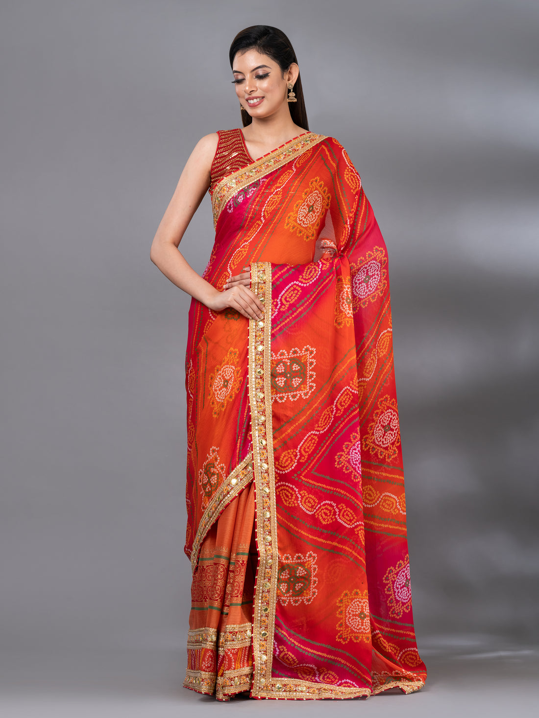 Orange Moss Chiffon Bandhani Pattern Festive Mahalasa Saree