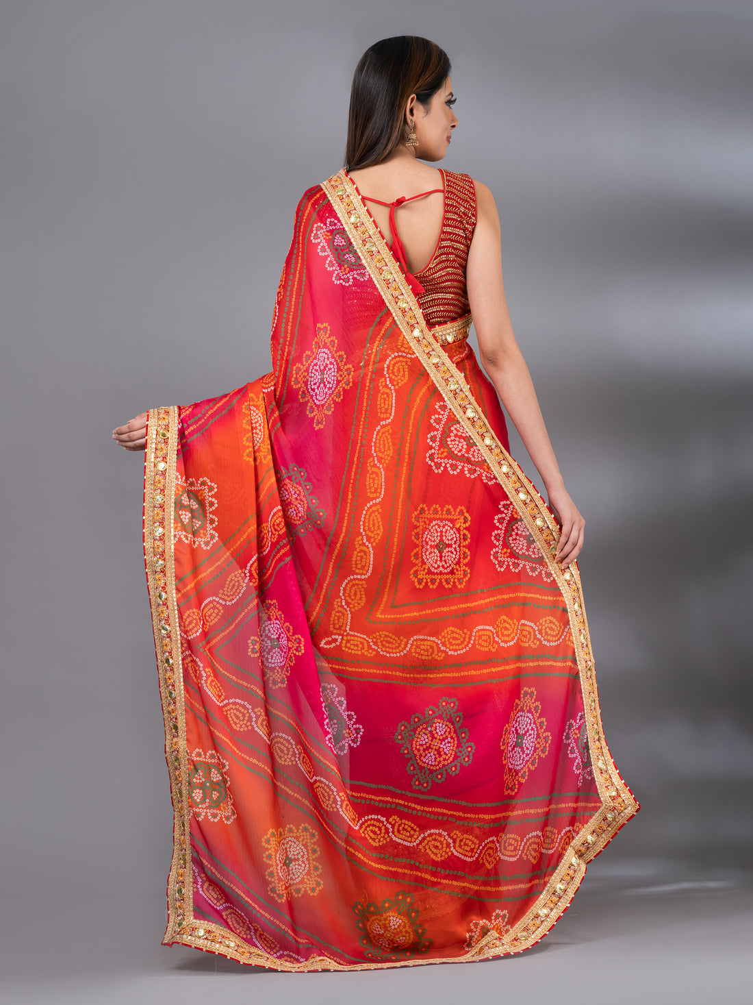 Orange Moss Chiffon Bandhani Pattern Festive Mahalasa Saree