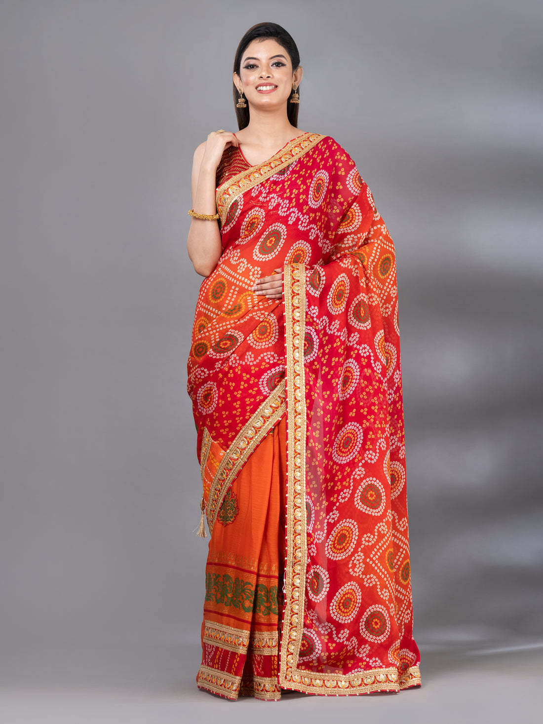 Orange Moss Chiffon Bandhani Pattern Festive Wear Mahalasa Saree