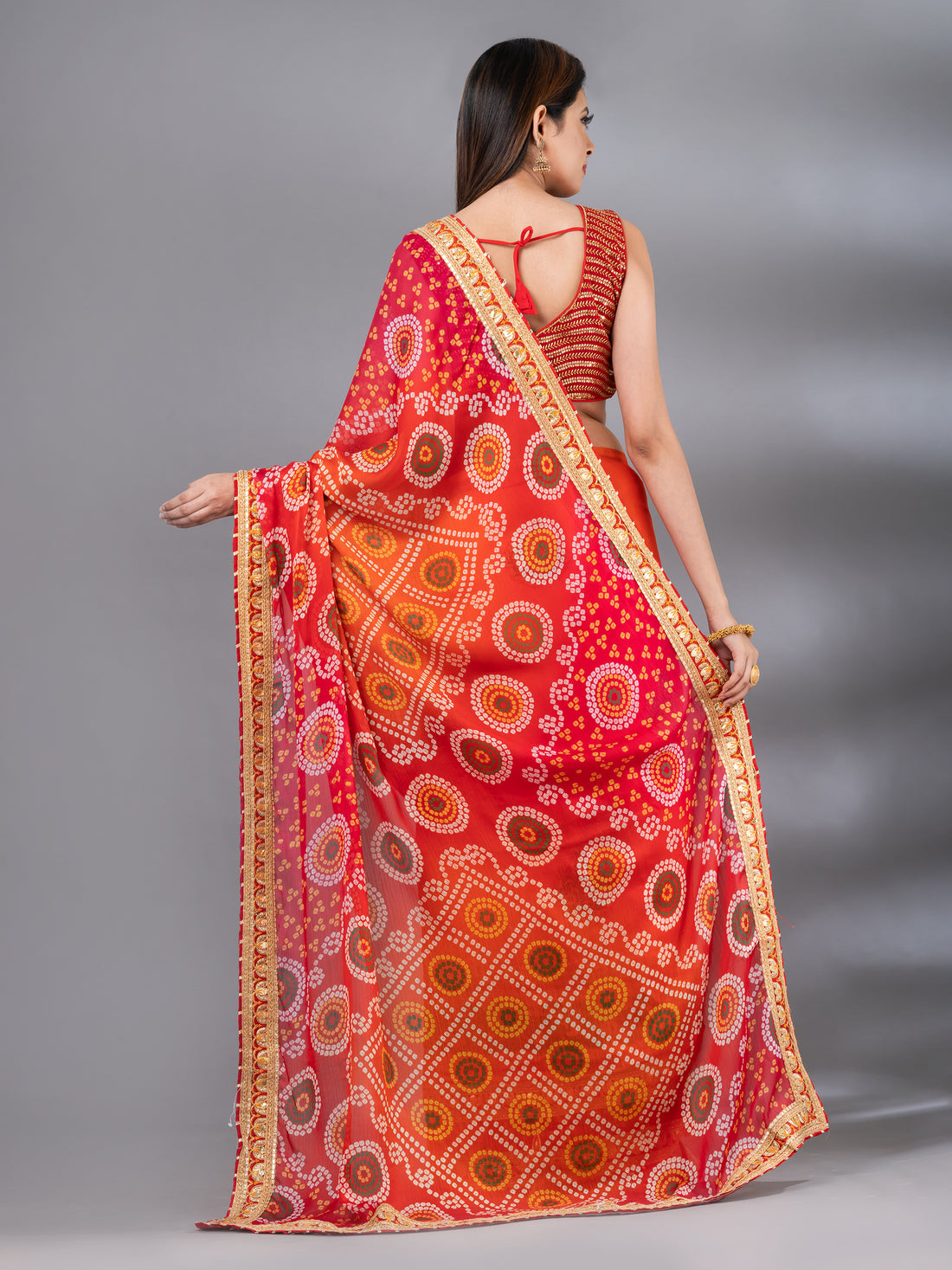 Orange Moss Chiffon Bandhani Pattern Festive Wear Mahalasa Saree