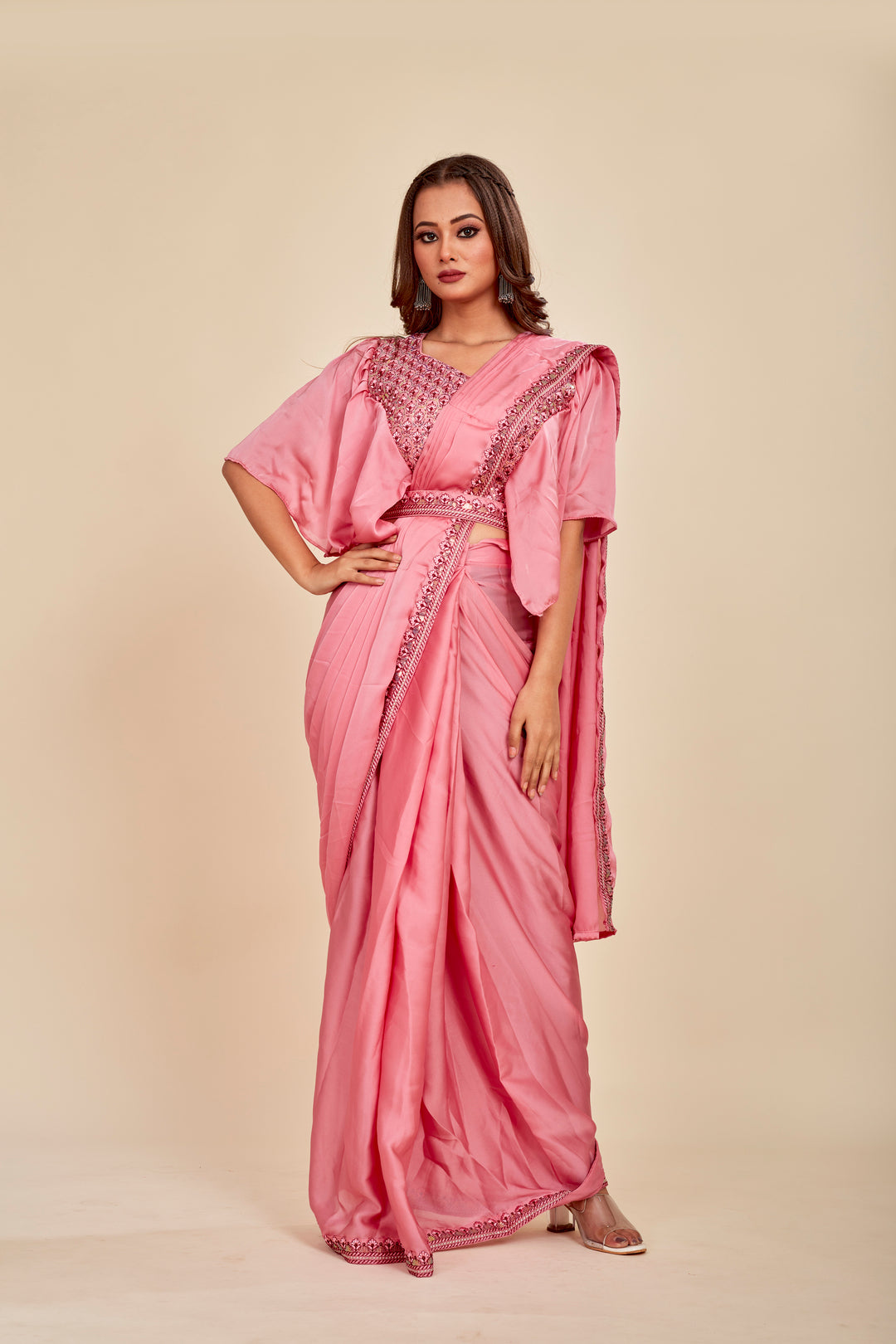 Pink Silk Ready To Wear Sequince Saree