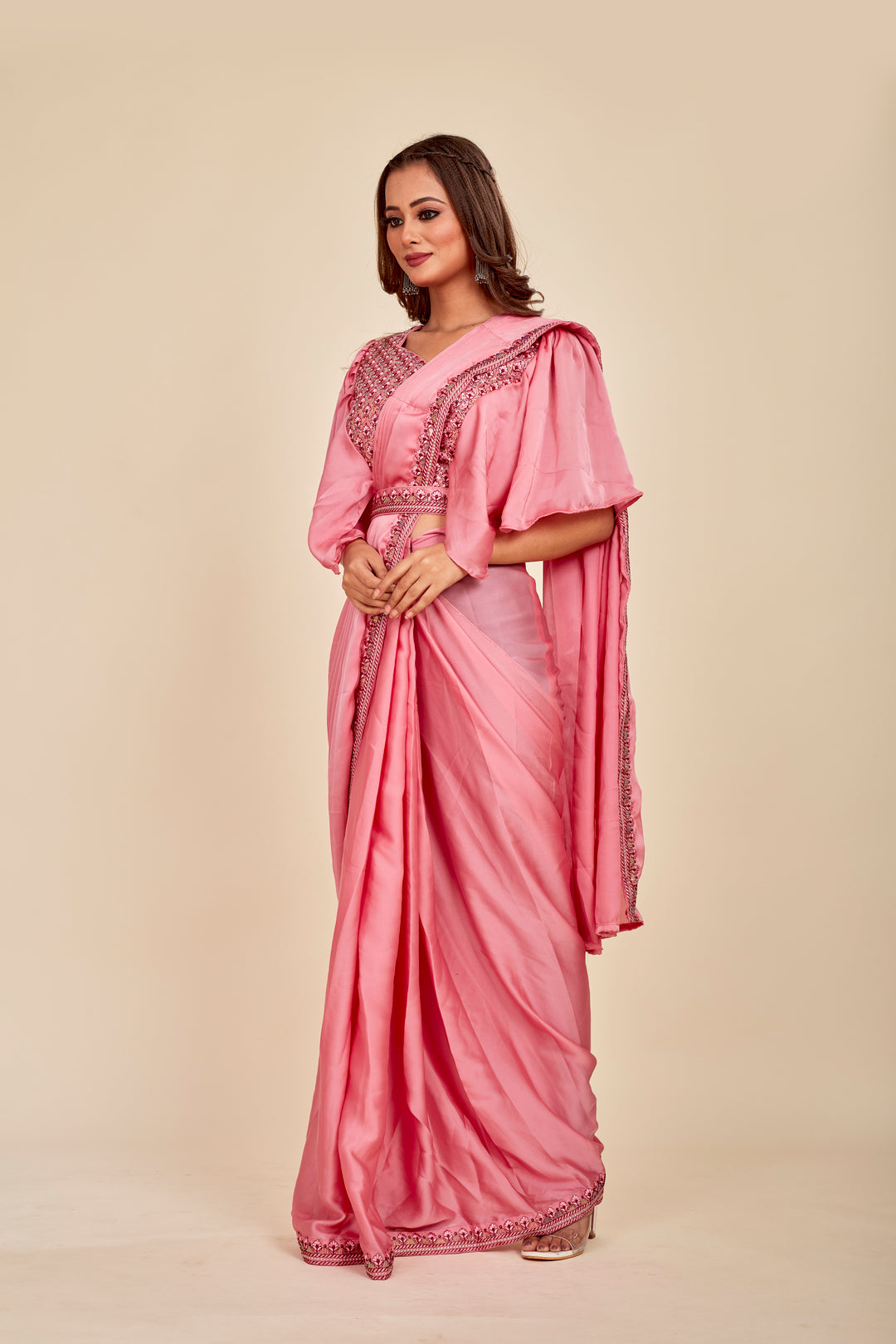 Pink Silk Ready To Wear Sequince Saree