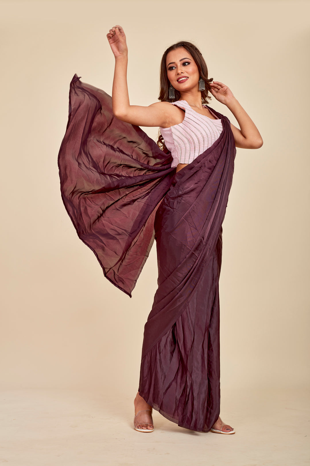 Wine Ready To Wear Silk Sequince Saree