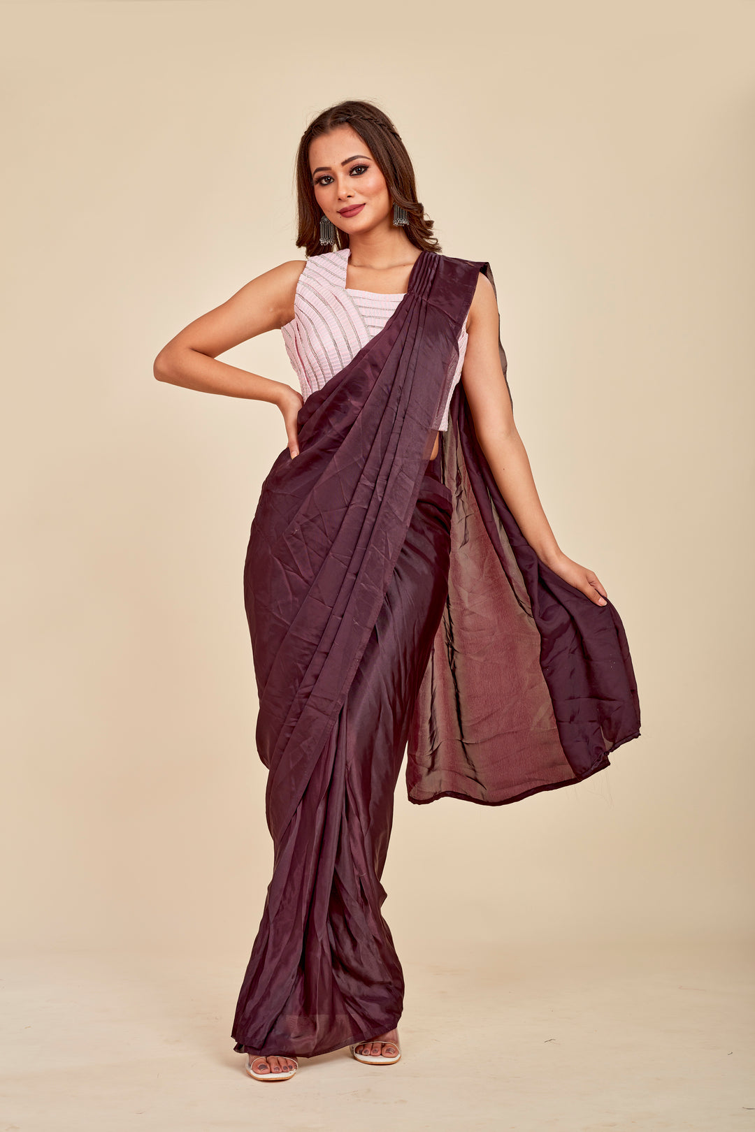 Wine Ready To Wear Silk Sequince Saree