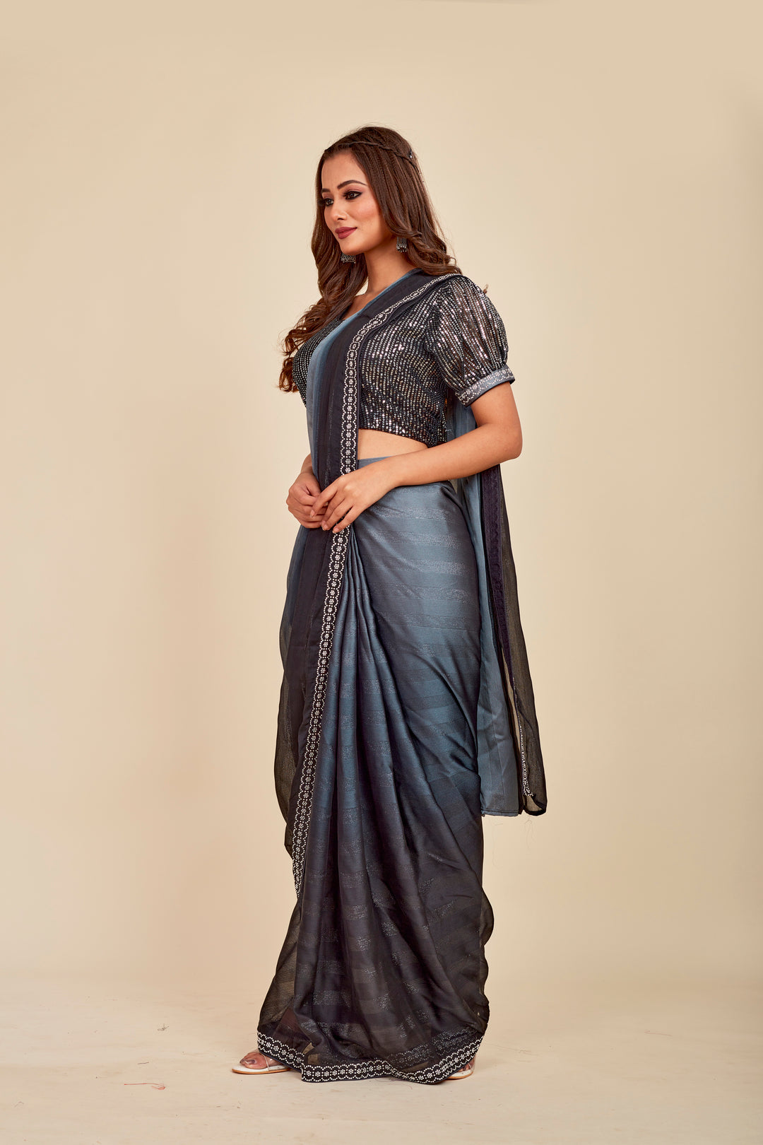 Grey &amp; Teal Organza Ready To Wear Sequince Mahalasa  Saree