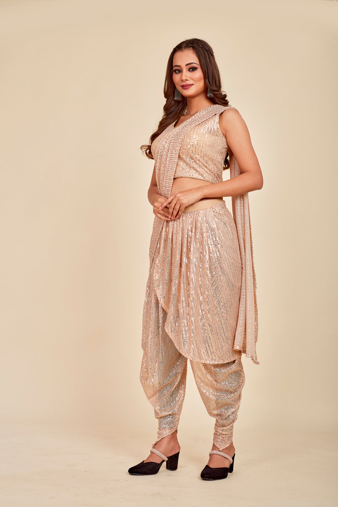 Nude beige RTW bollywood cocktail Dhoti Mahalasa saree