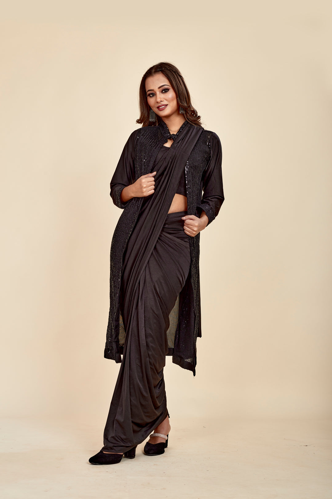 Black Silk Ready To Wear Jacket Sequence  Mahalasa Fancy Saree