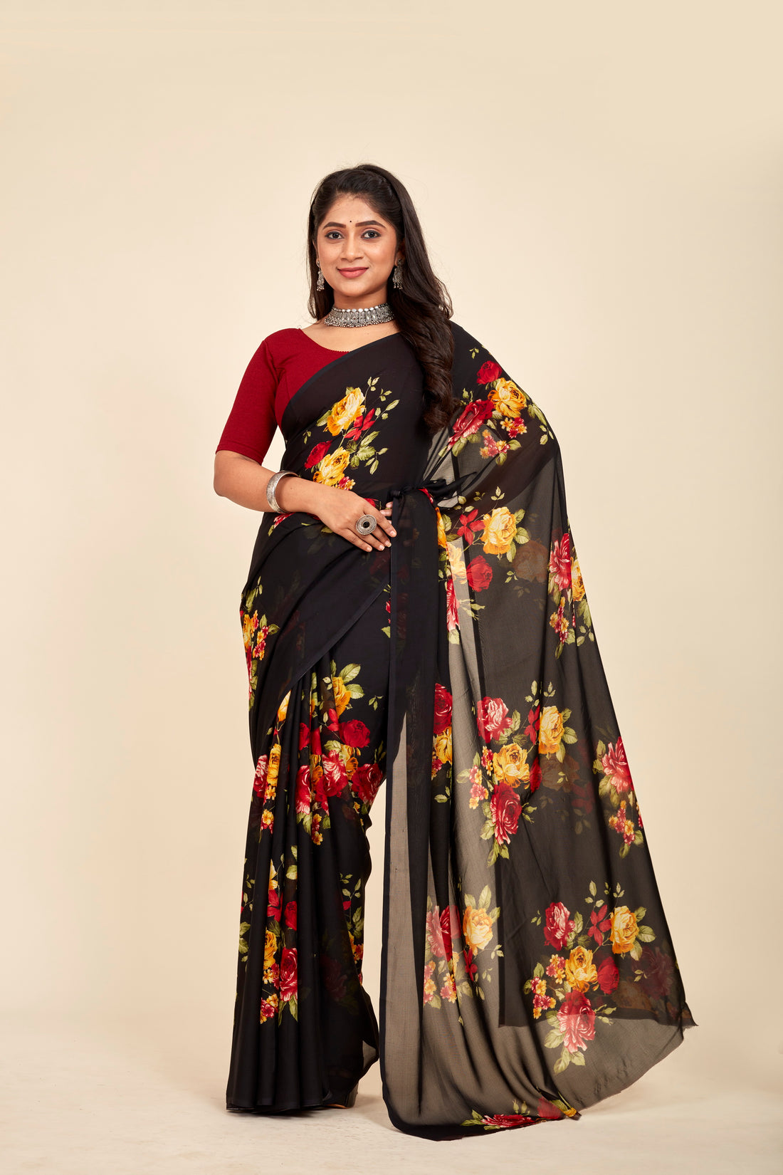 Carnival Black floral Georgette Mahalasa Saree