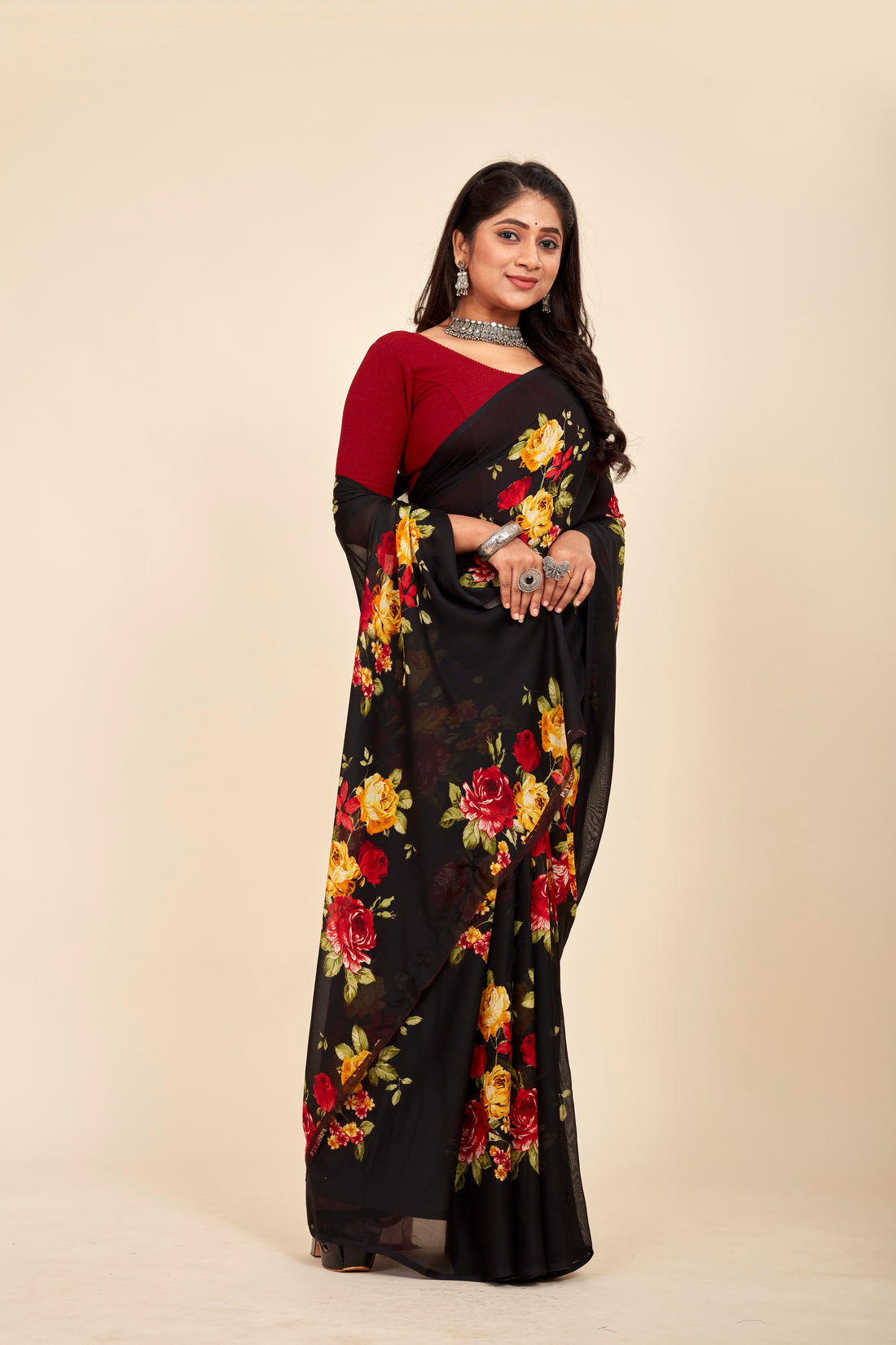 Carnival Black floral Georgette Mahalasa Saree