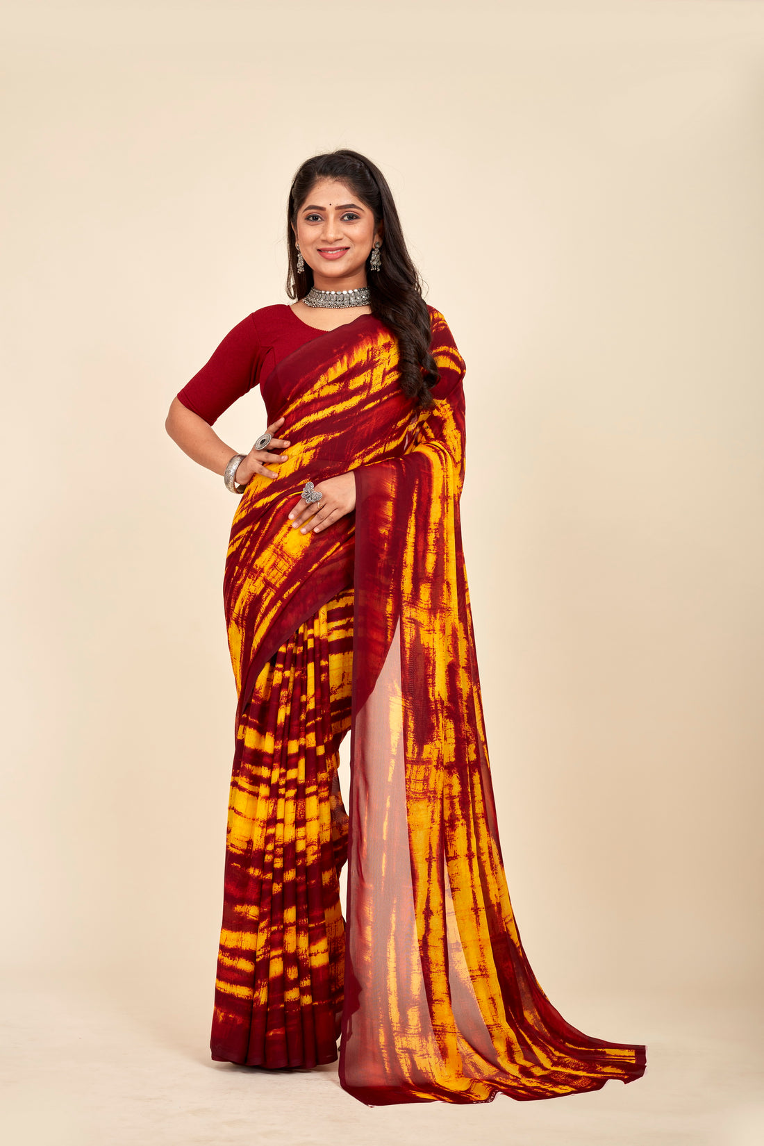 Maroon And Mustrad Georgette Printed Mahalasa Saree