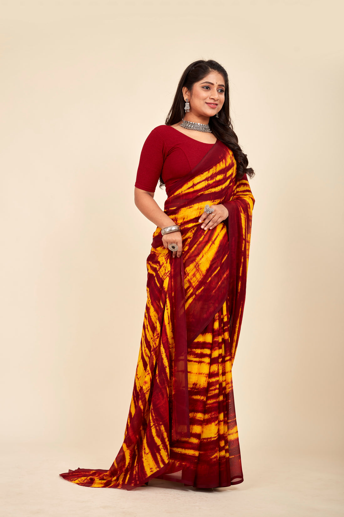 Maroon And Mustrad Georgette Printed Mahalasa Saree