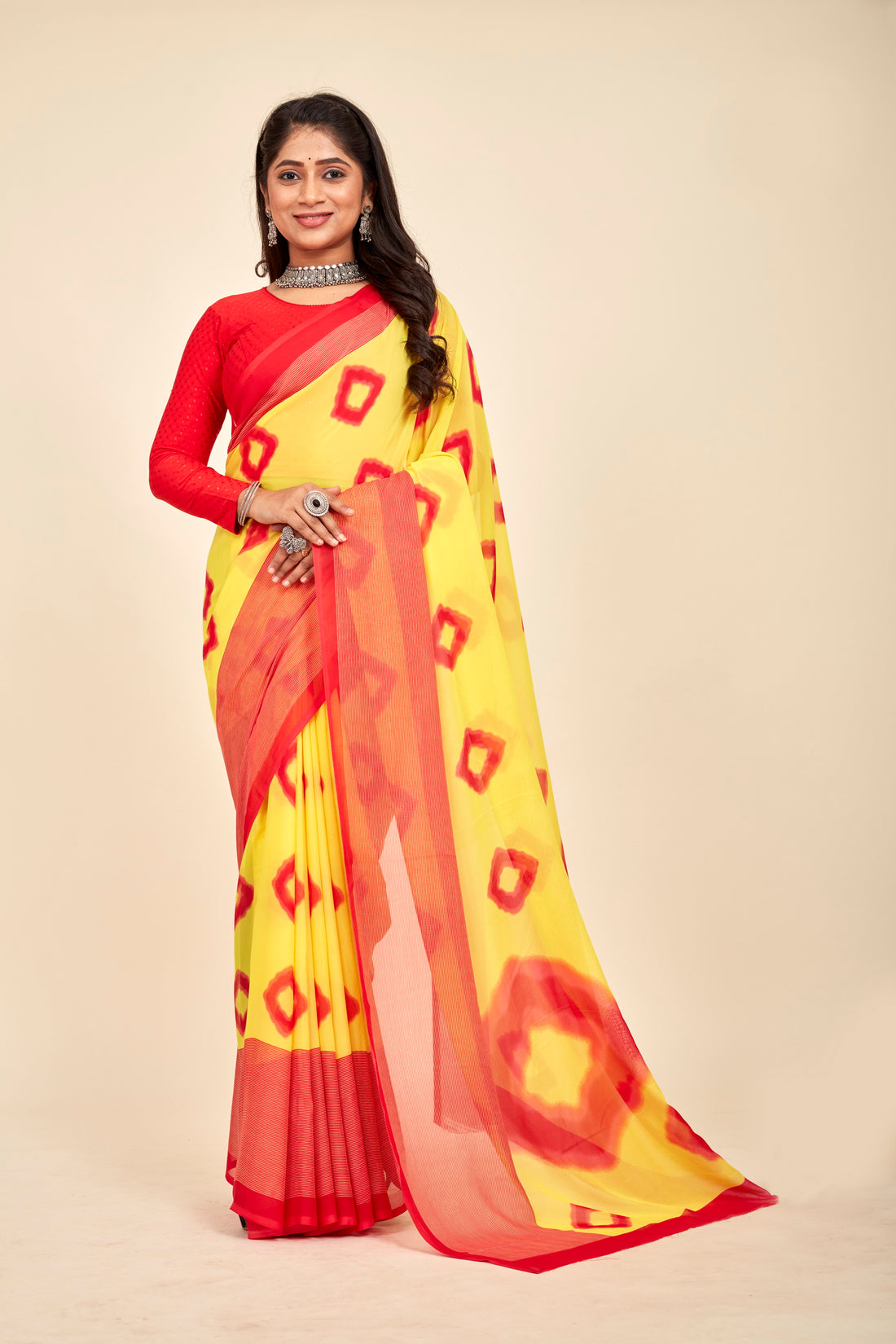 Yellow &amp; Red Printed Cotton Saree