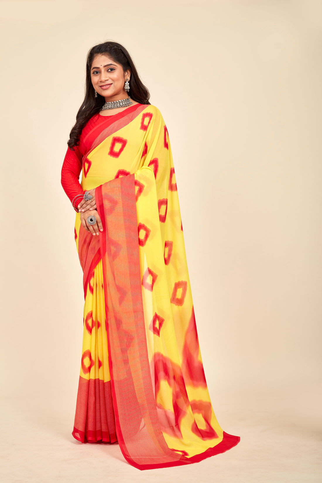 Yellow &amp; Red Printed Cotton Saree