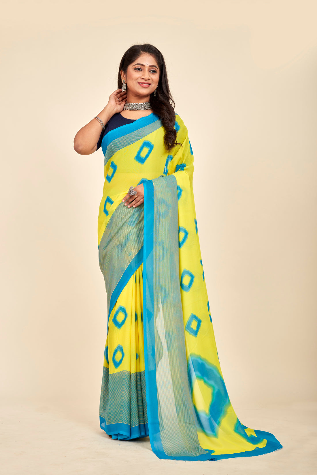 Yellow &amp; Teal Printed Cotton Saree