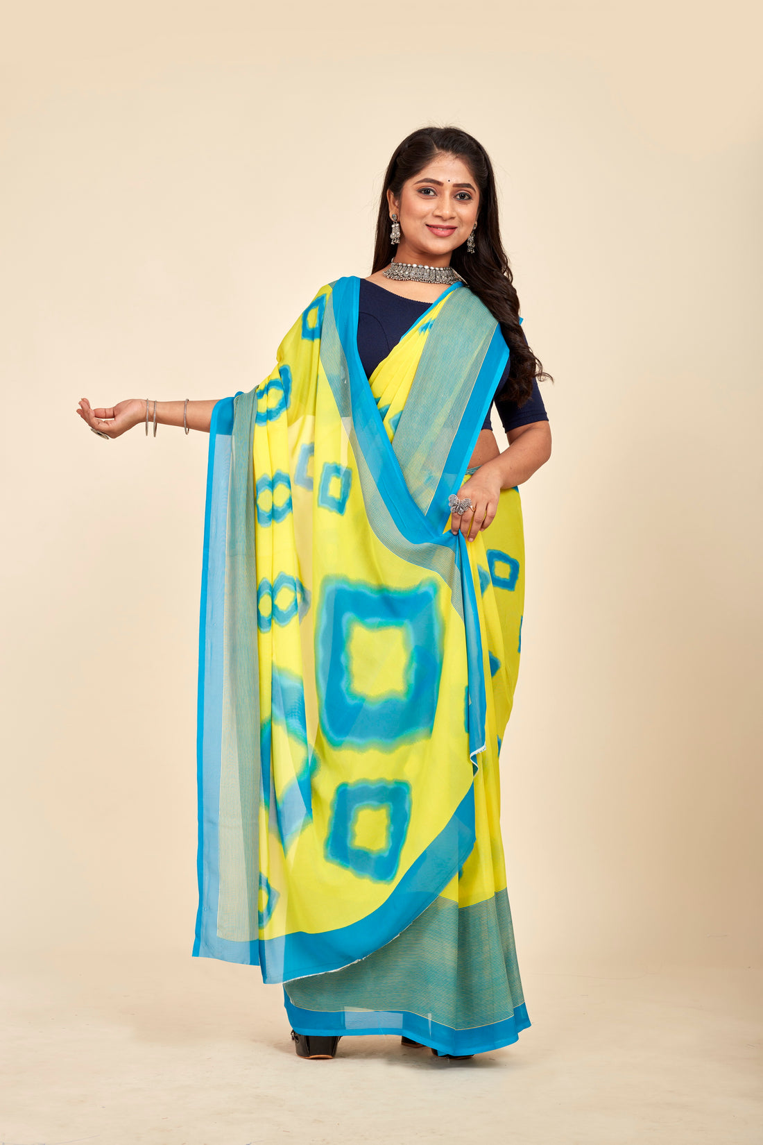 Yellow &amp; Teal Printed Cotton Saree