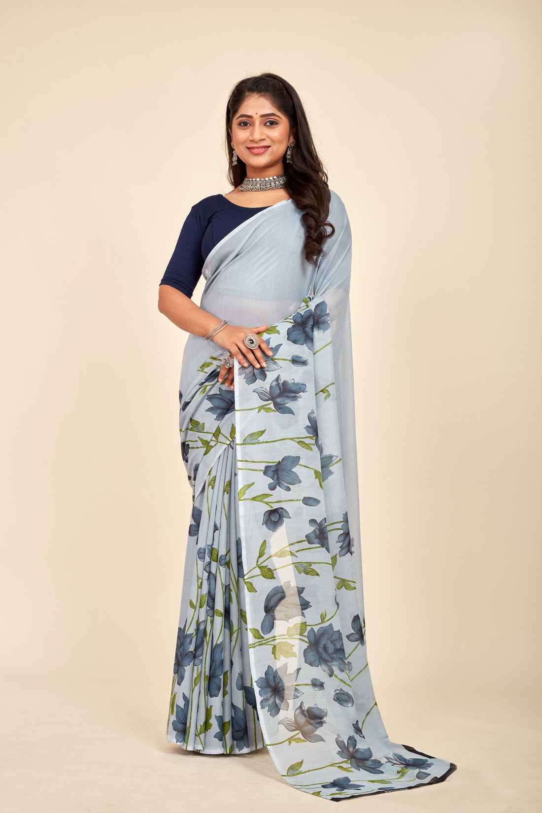 Gery Floral Printed Georgette Crochet Lace Fancy Mahalasa  Saree