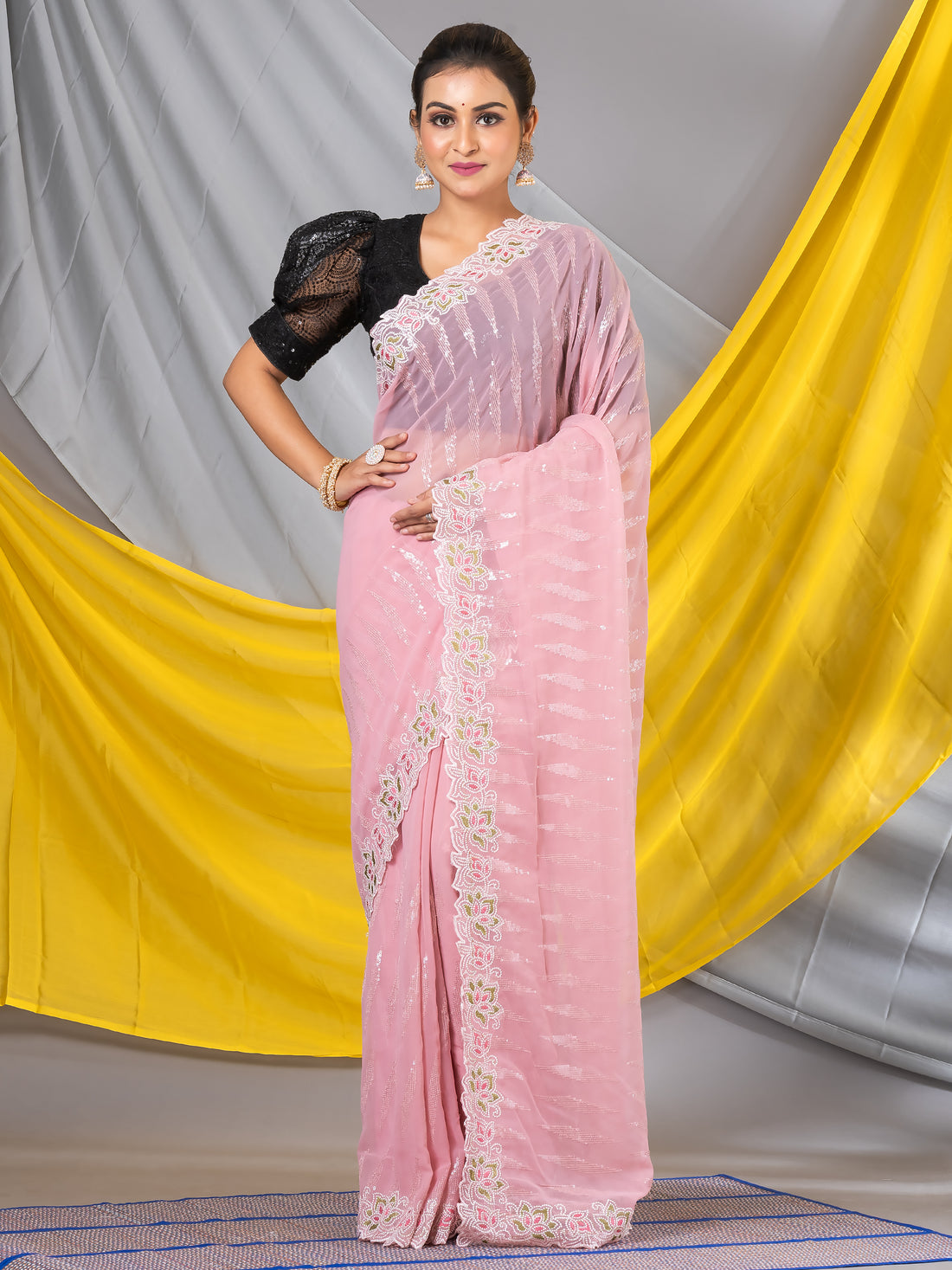 Light Pink Flower Sequins  Georgette Designer Saree