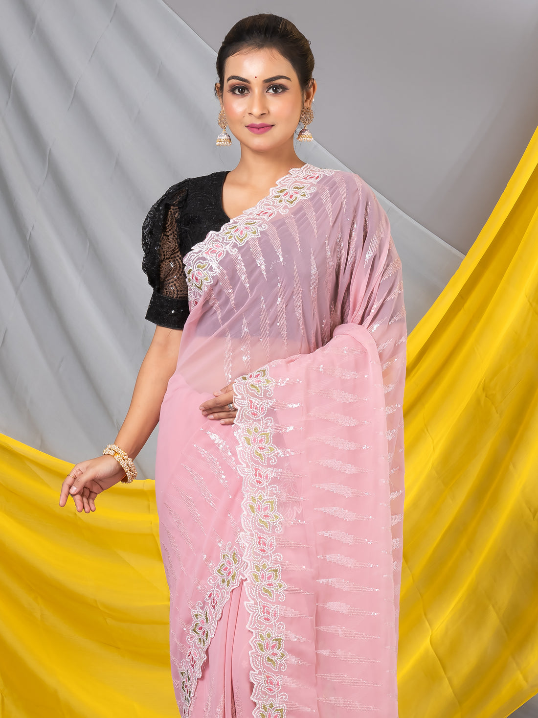 Light Pink Flower Sequins  Georgette Designer Saree