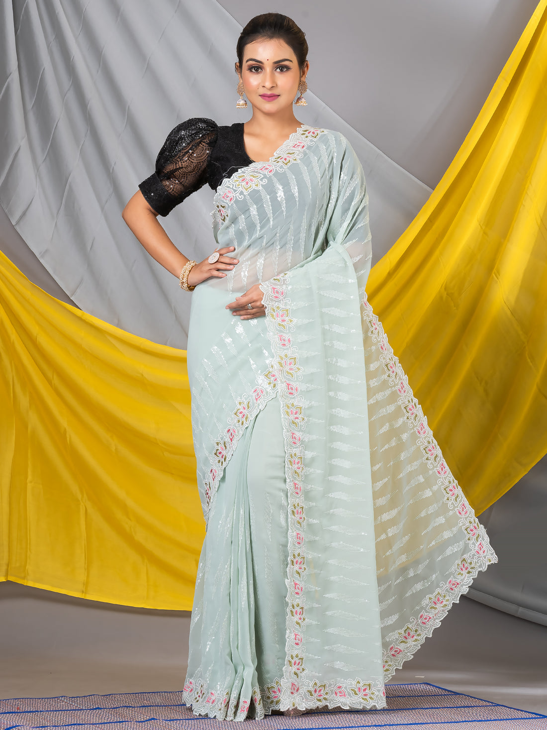 Mint Blue Sequins Georgette Designer Mahalasa Saree