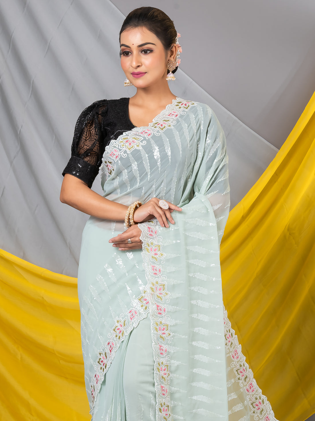 Mint Blue Sequins Georgette Designer Mahalasa Saree