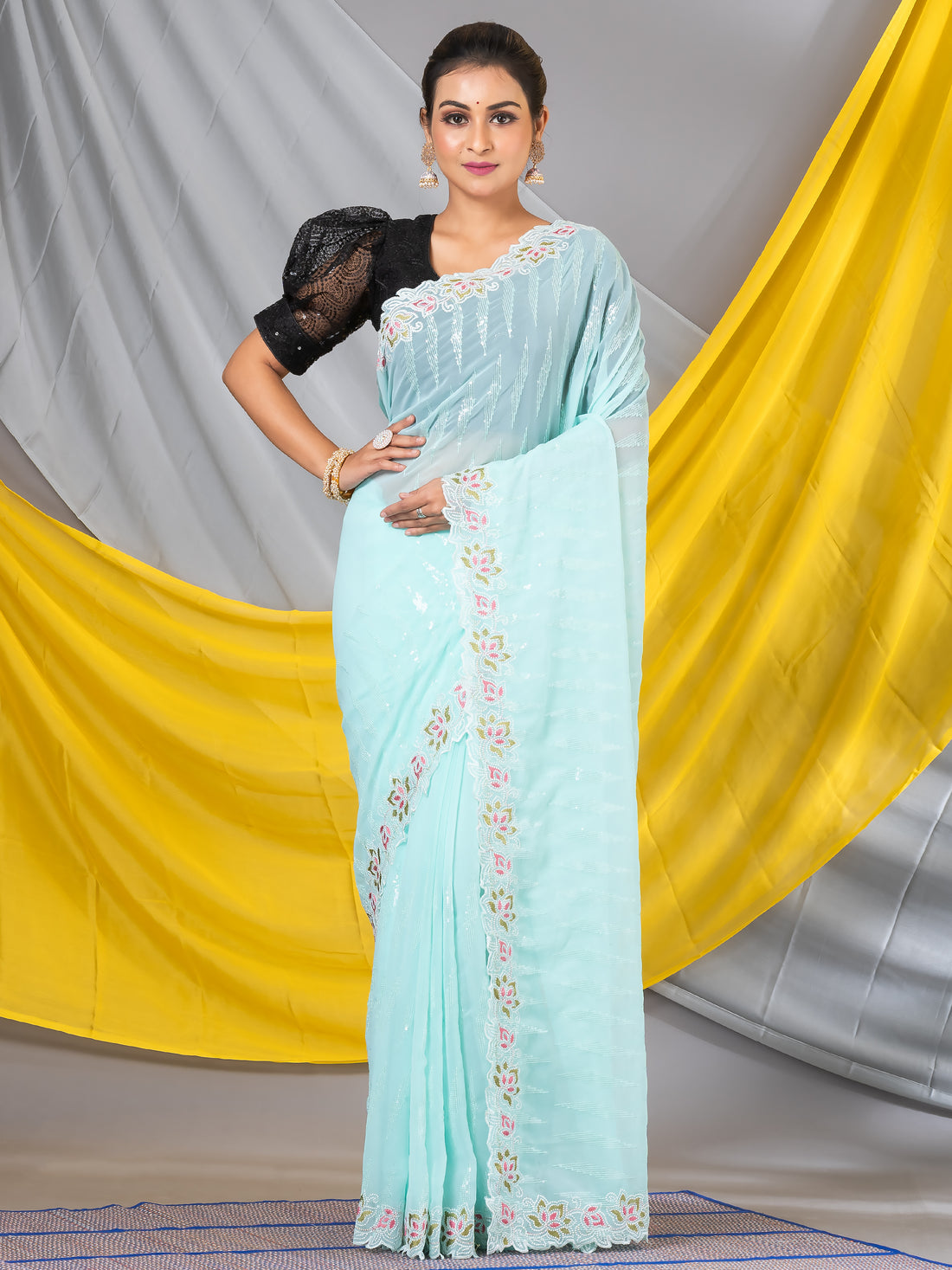 Cyan green Mahalasa saree - geometric sequence (kashmiri threadwork)