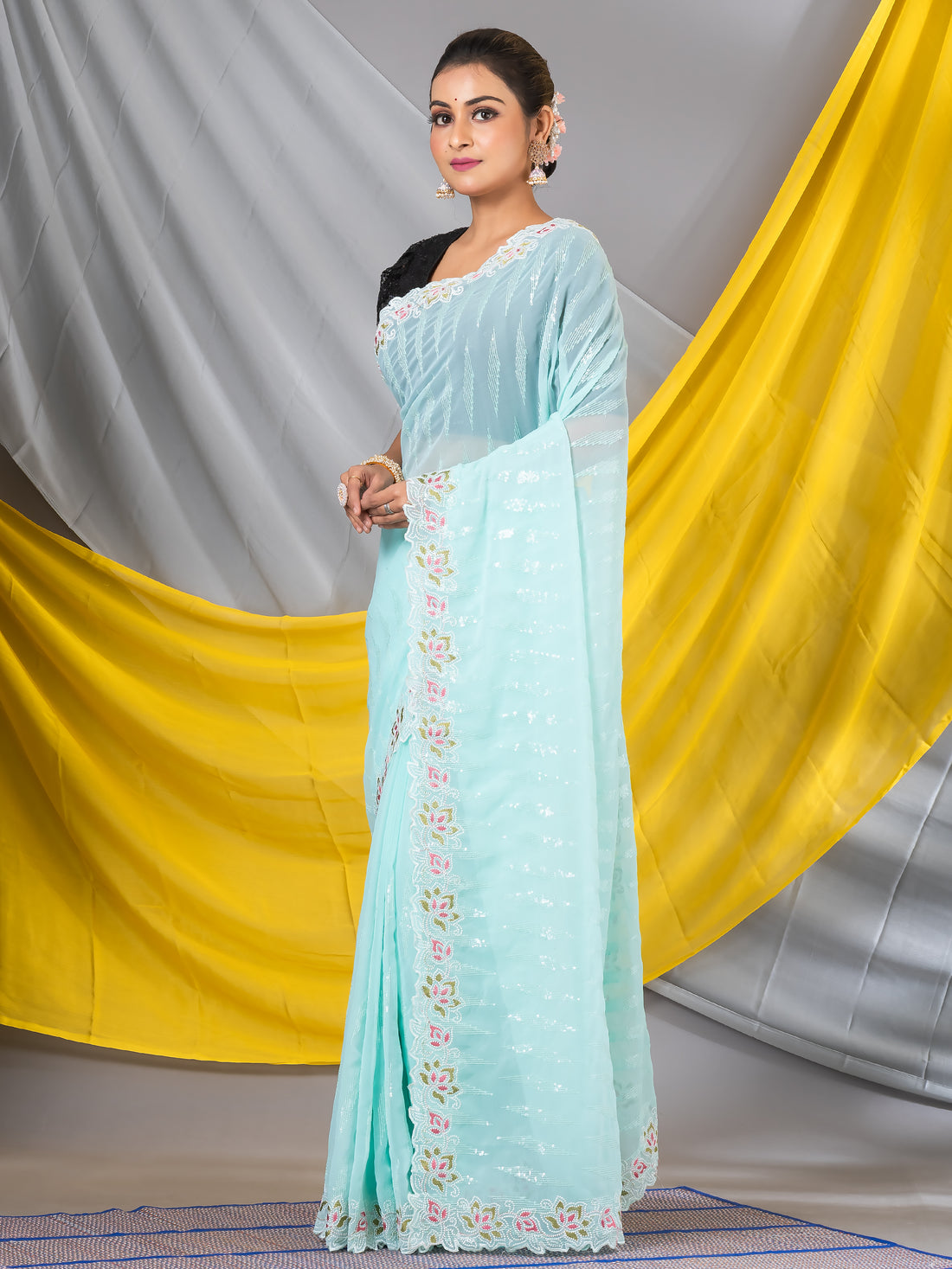 Cyan green Mahalasa saree - geometric sequence (kashmiri threadwork)